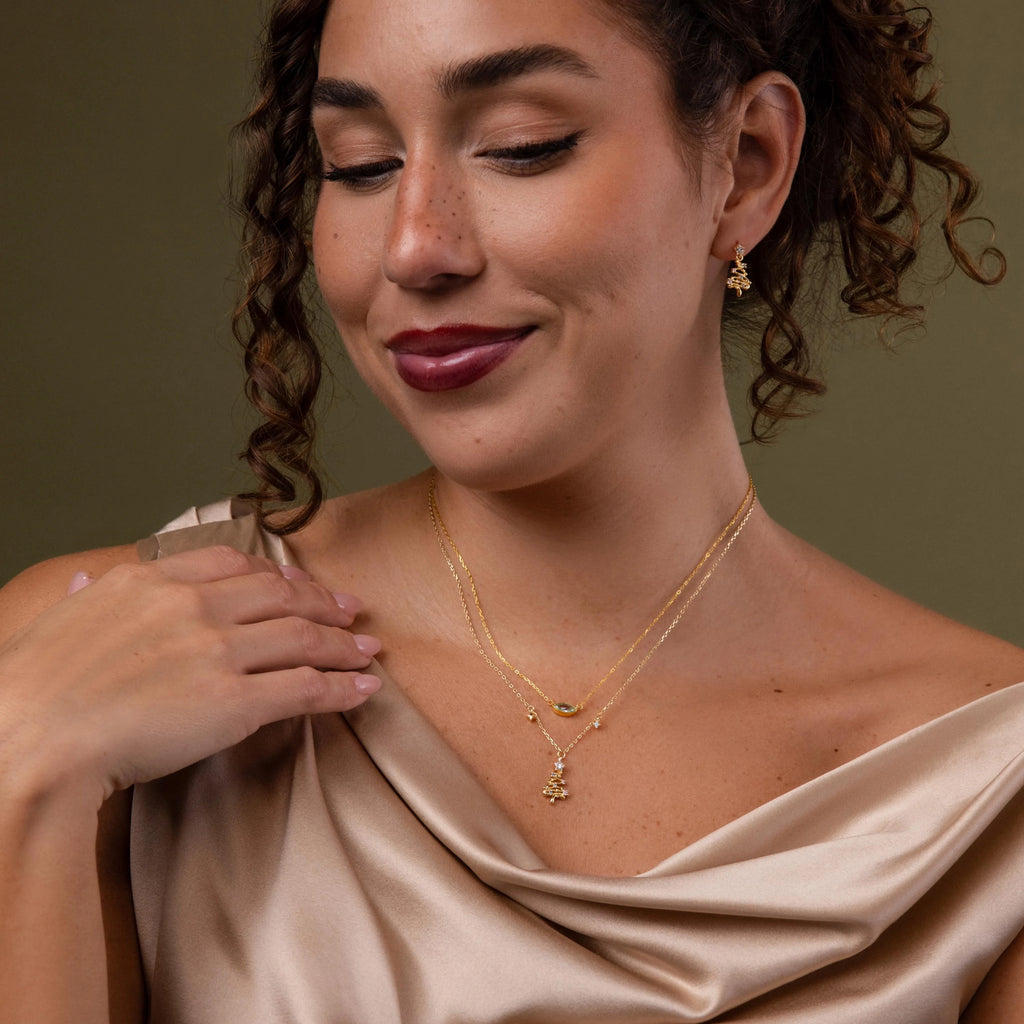 Diamond Christmas Tree Necklace Silver 18K Gold Plated