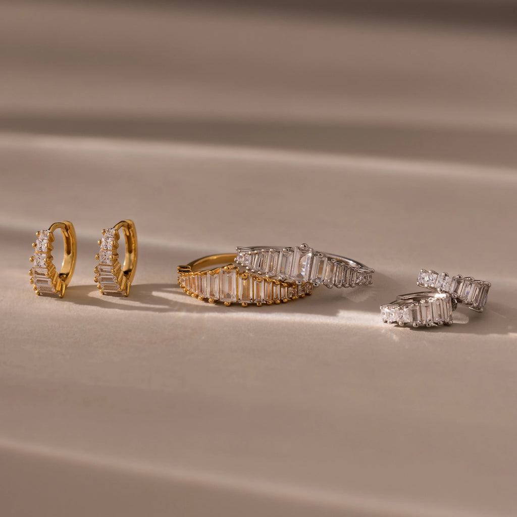 Art Deco Diamond Earrings & Ring Set Silver 18K Gold Plated