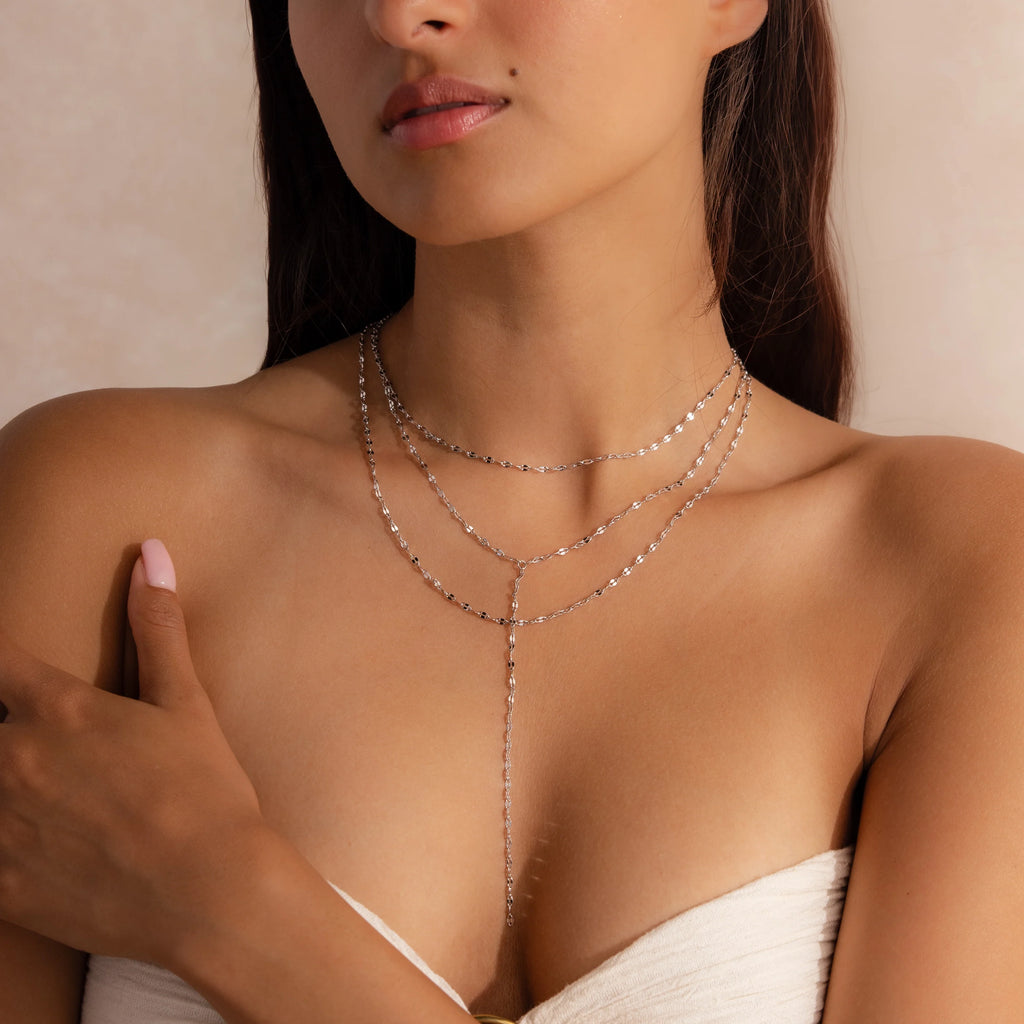 Sparkling Layered Lariat Necklace Silver 18K Gold Plated