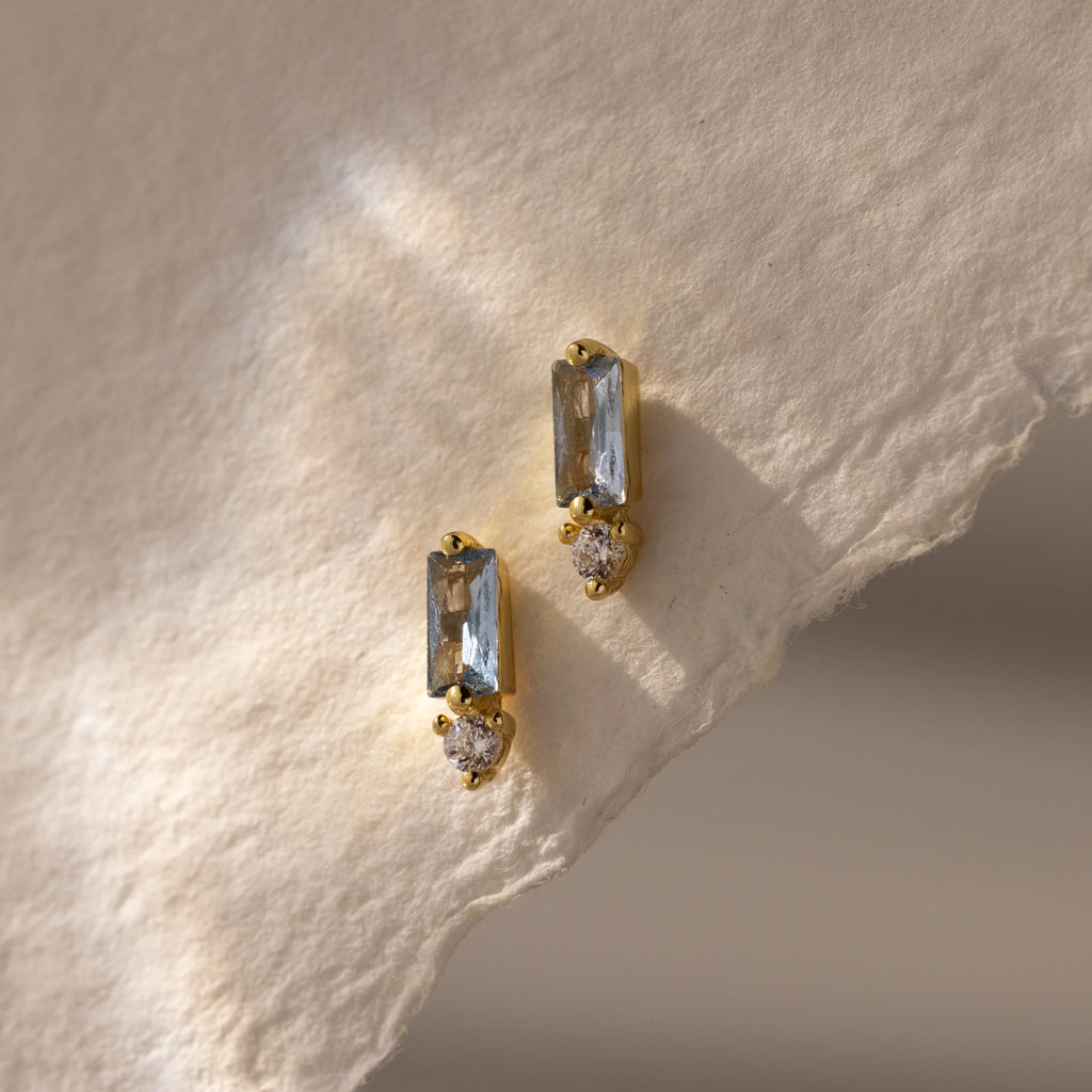 Diamond Baguette Aquamarine Drop Studs Silver 18K Gold Plated
