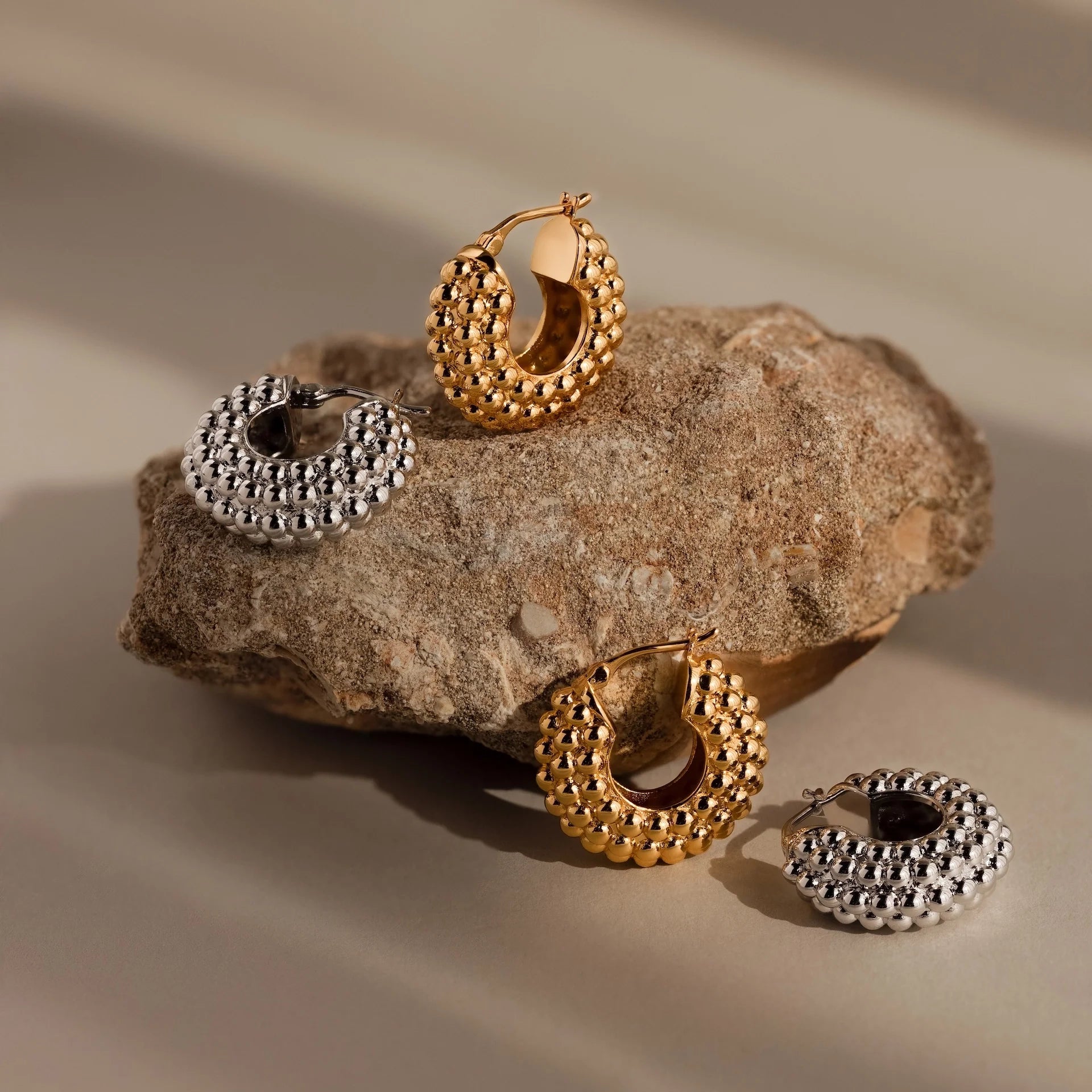 Beaded Dome Hoops Silver 18K Gold Plated