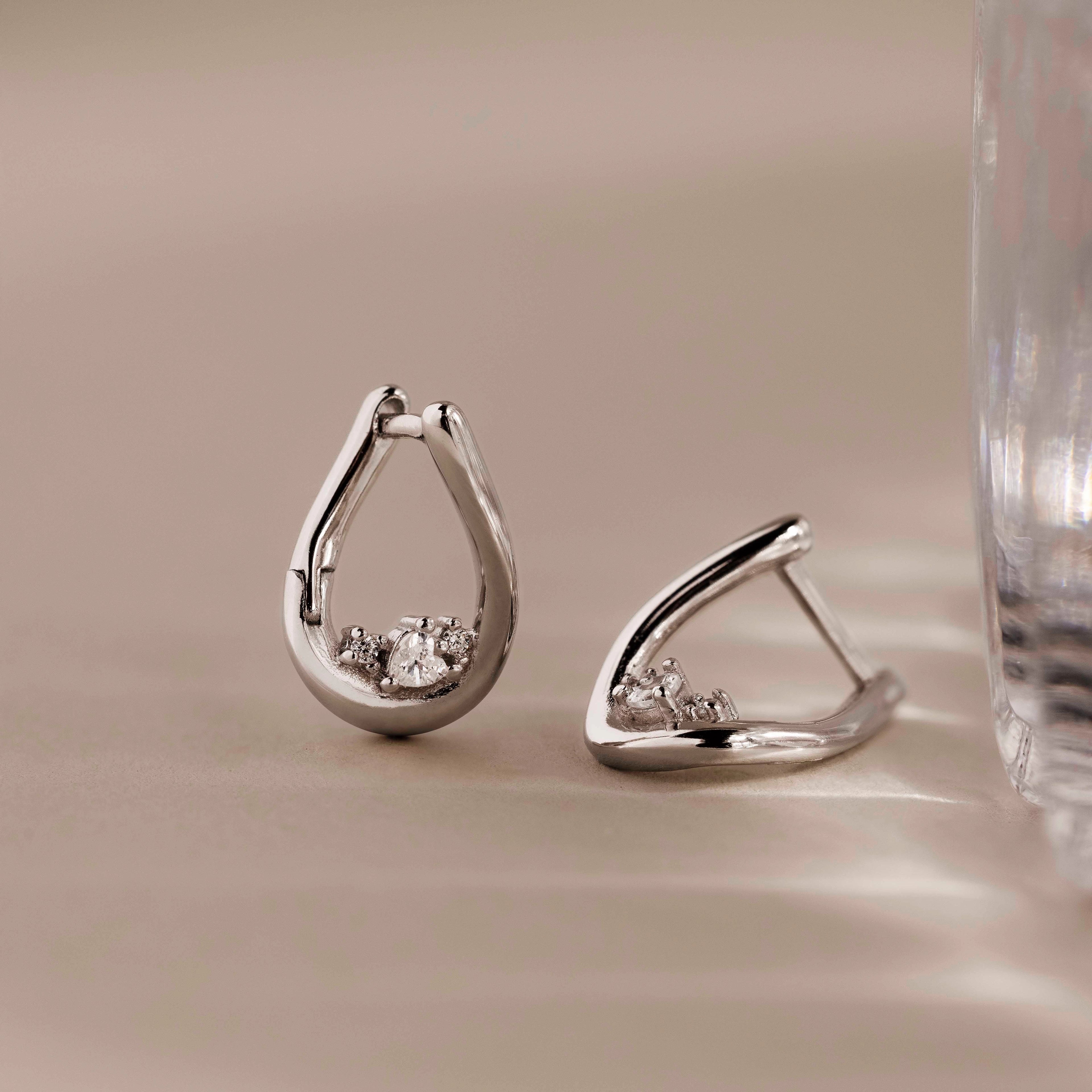Curved Diamond Teardrop Hoops Silver 18K Gold Plated