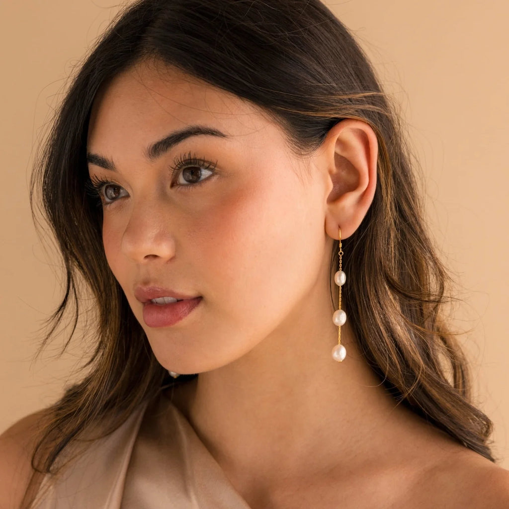 Long Pearl Dangle Earrings Silver 18K Gold Plated
