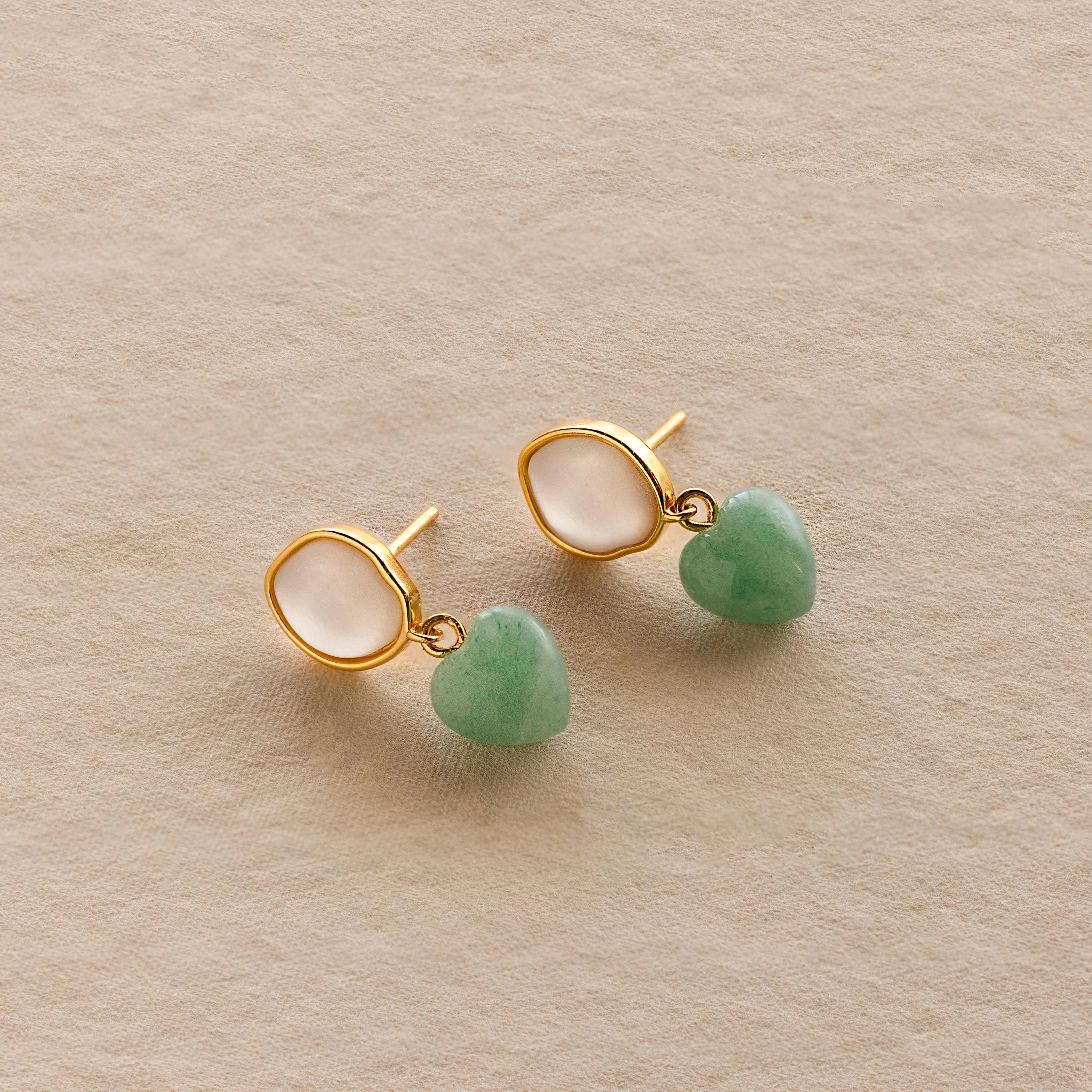 Jade Heart Drop Earrings Silver 18K Gold Plated