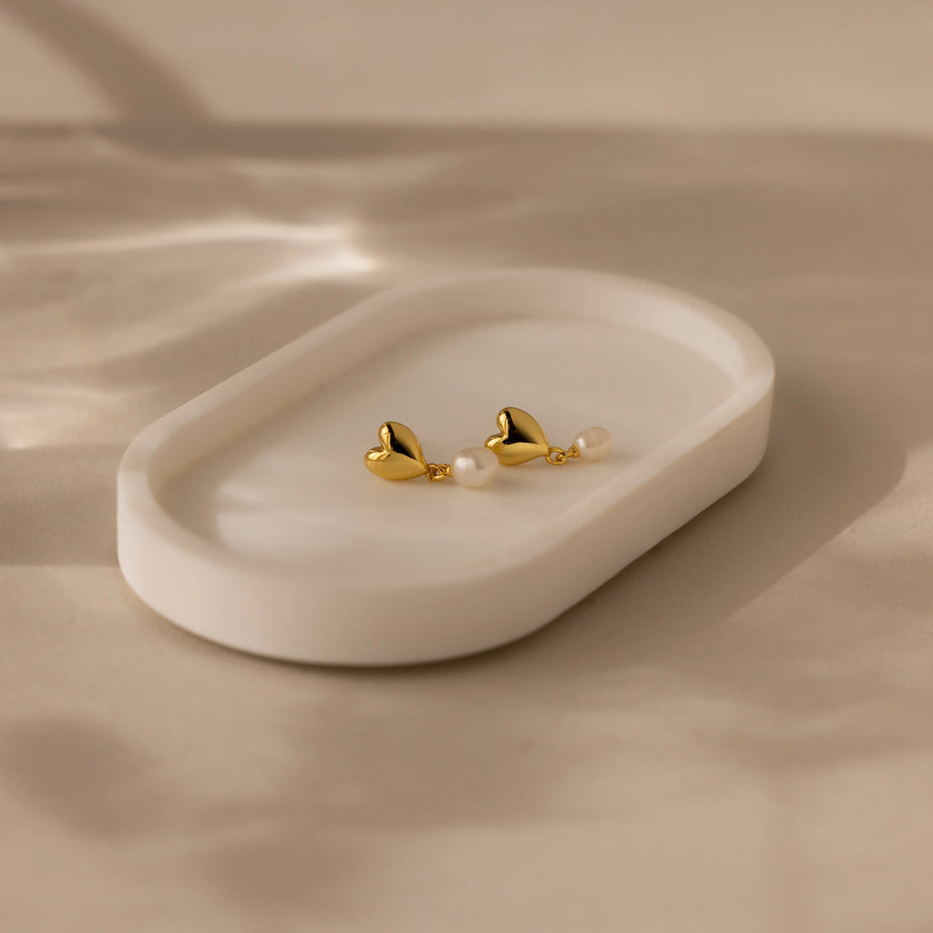 Heart Pearl Drop Earrings Silver 18K Gold Plated