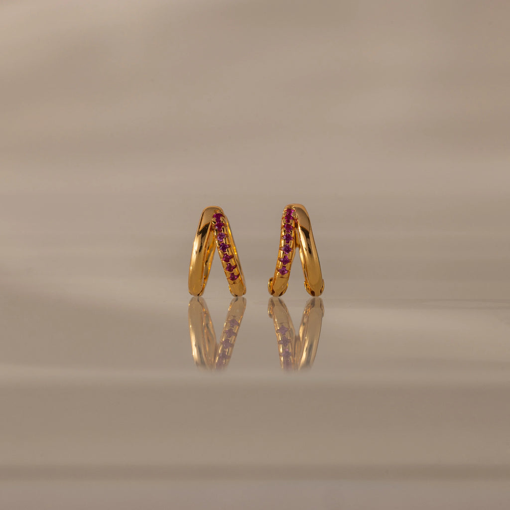 Ruby Duo Huggies Silver 18K Gold Plated
