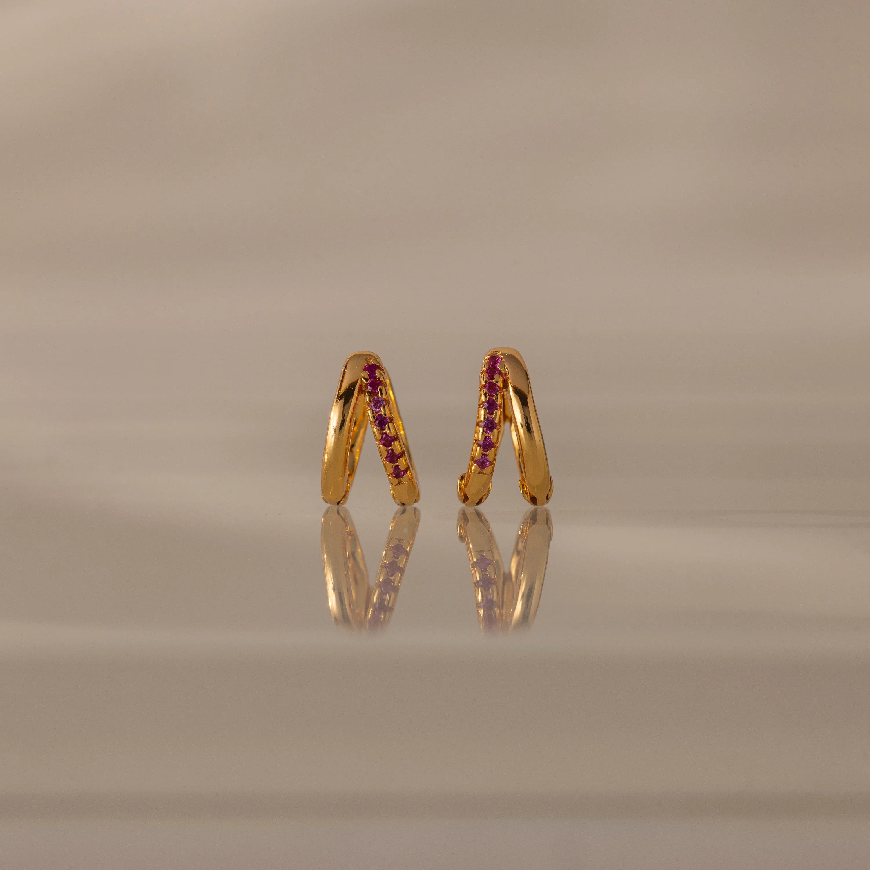 Ruby Duo Huggies Silver 18K Gold Plated
