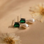 Emerald Pearl Drop Earrings Silver 18K Gold Plated