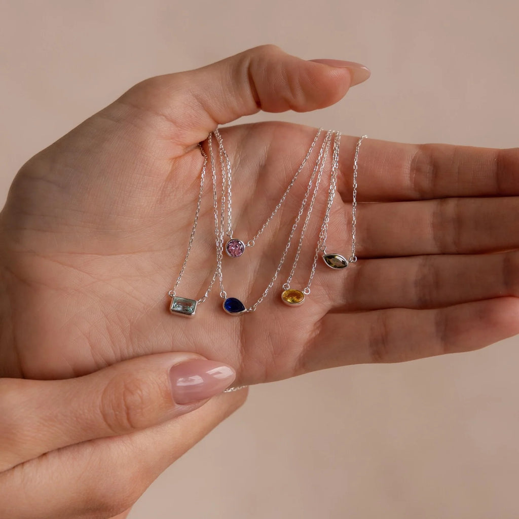 Custom Cut Birthstone Necklace Silver 18K Gold Plated