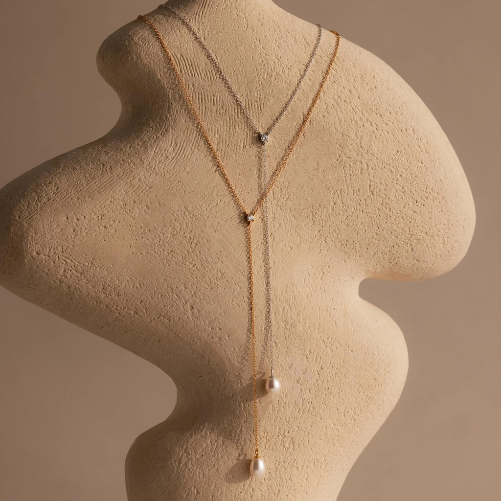 Diamond Pearl Lariat Chain Necklace Silver 18K Gold Plated