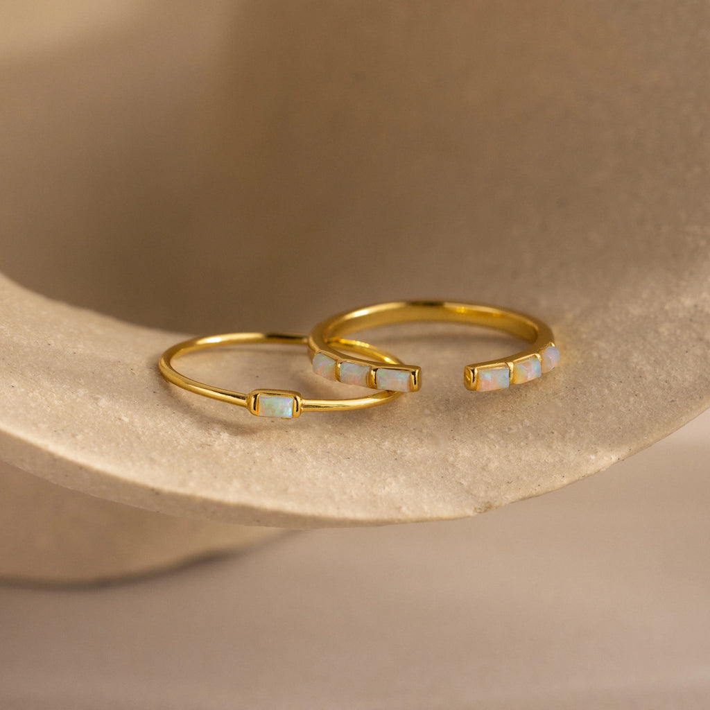 Baguette Opal Ring Set Silver 18K Gold Plated