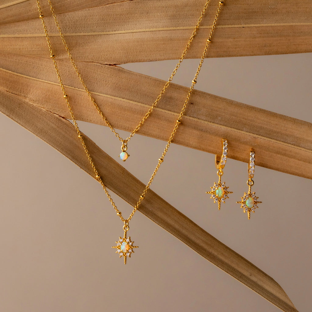 Opal Star Charm Necklace & Earrings Set Silver 18K Gold Plated