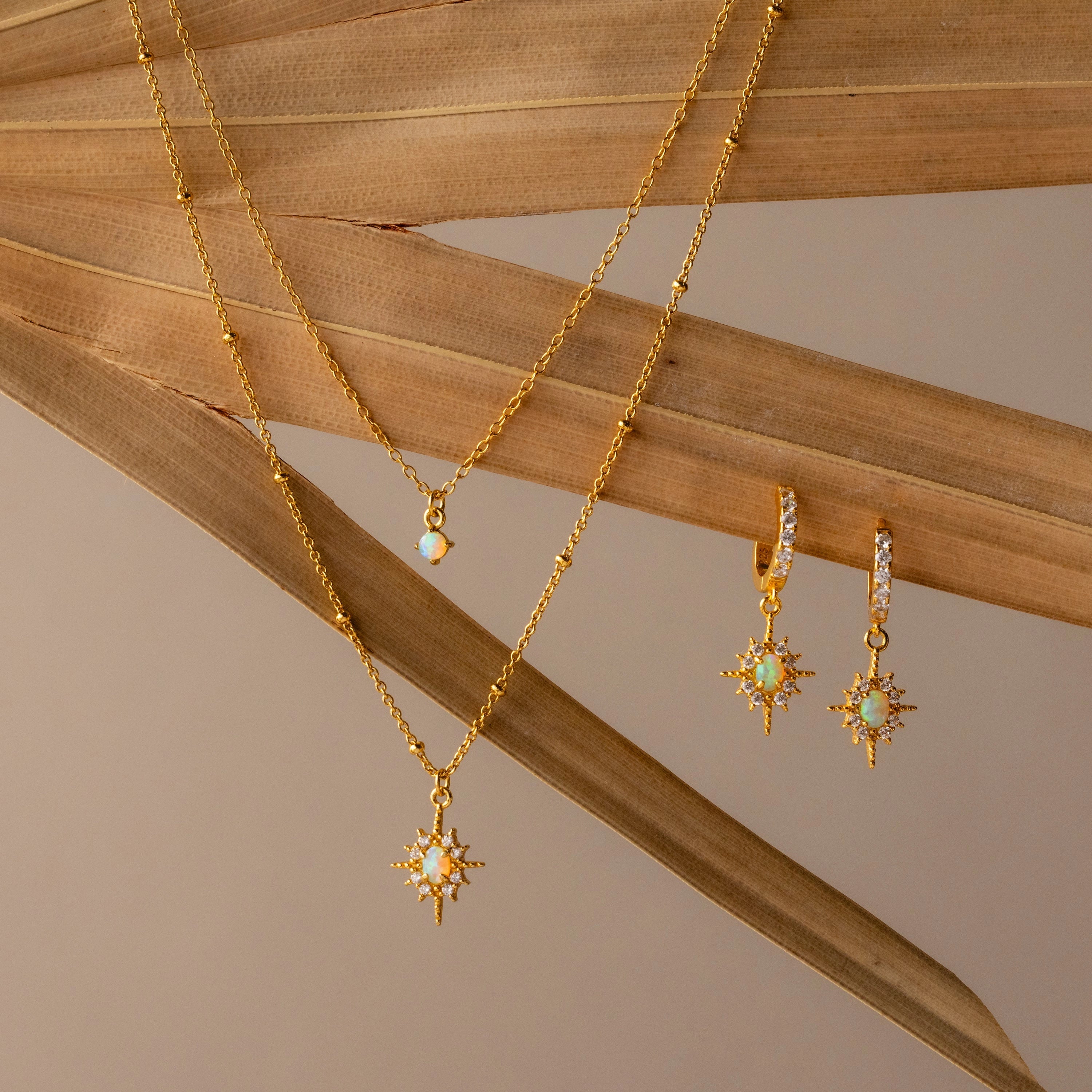 Opal Star Charm Necklace & Earrings Set Silver 18K Gold Plated