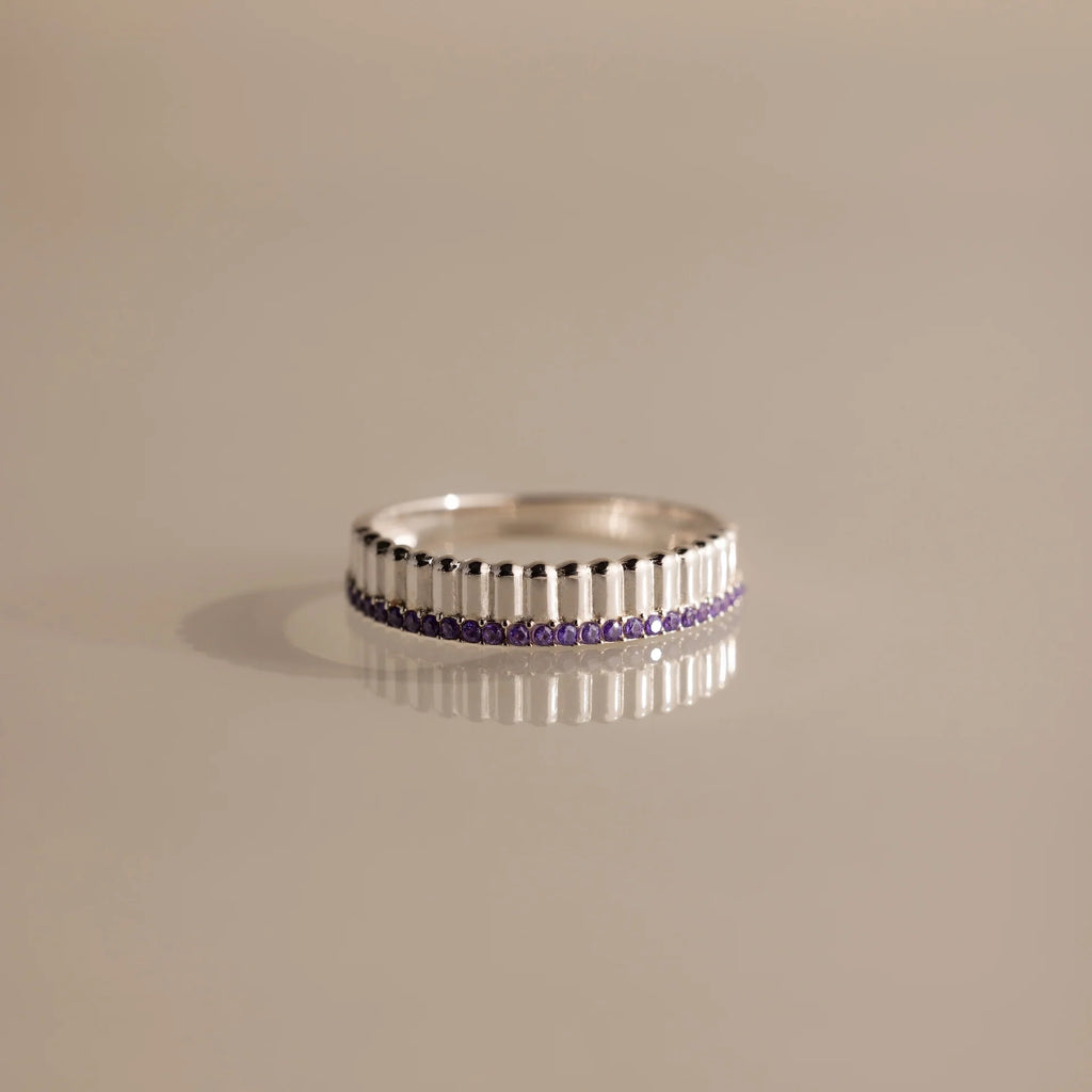 Ribbed Amethyst Stack Ring Silver 18K Gold Plated