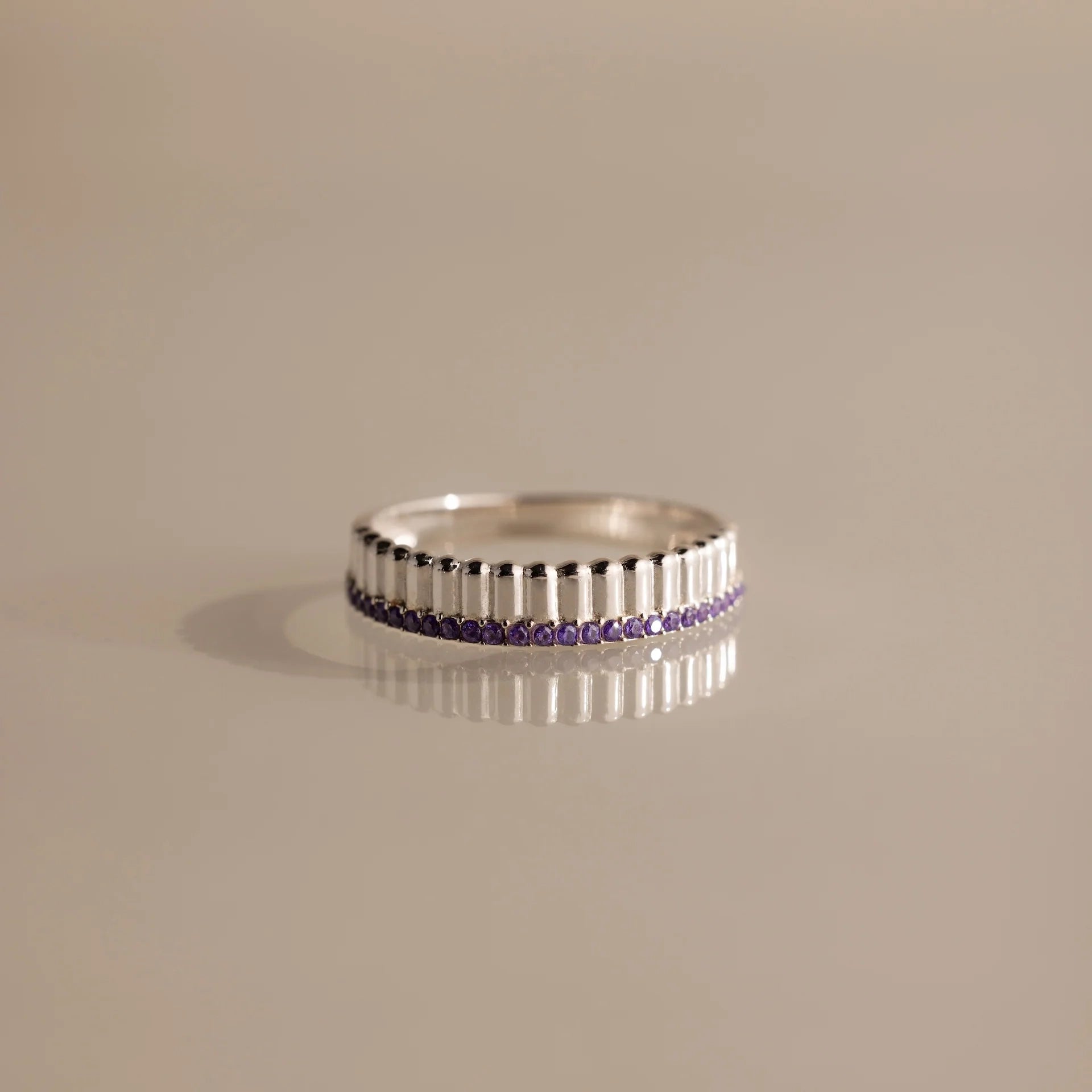 Ribbed Amethyst Stack Ring Silver 18K Gold Plated