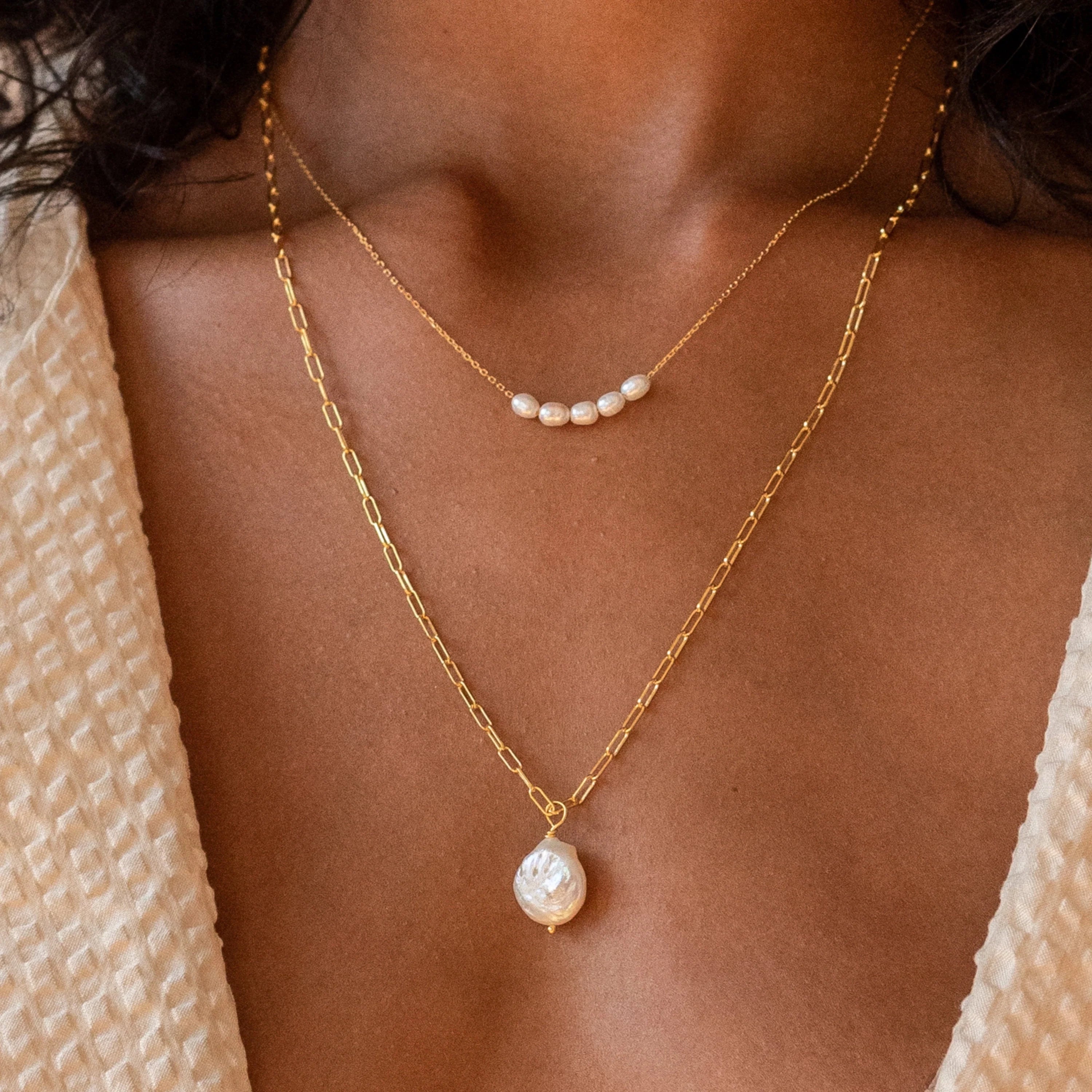 Pearl Bead Necklace Silver 18K Gold Plated
