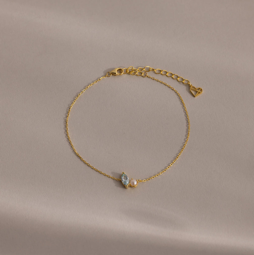 Marquise Aquamarine & Pearl Bracelet Silver 18K Gold Plated