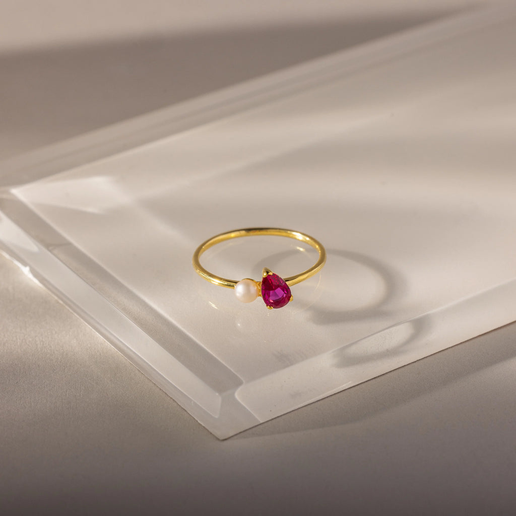 Teardrop Ruby & Pearl Ring Silver 18K Gold Plated