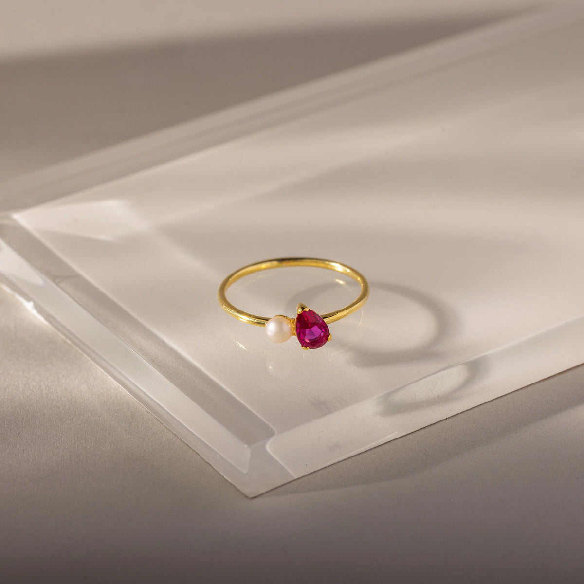 Teardrop Ruby & Pearl Ring Silver 18K Gold Plated