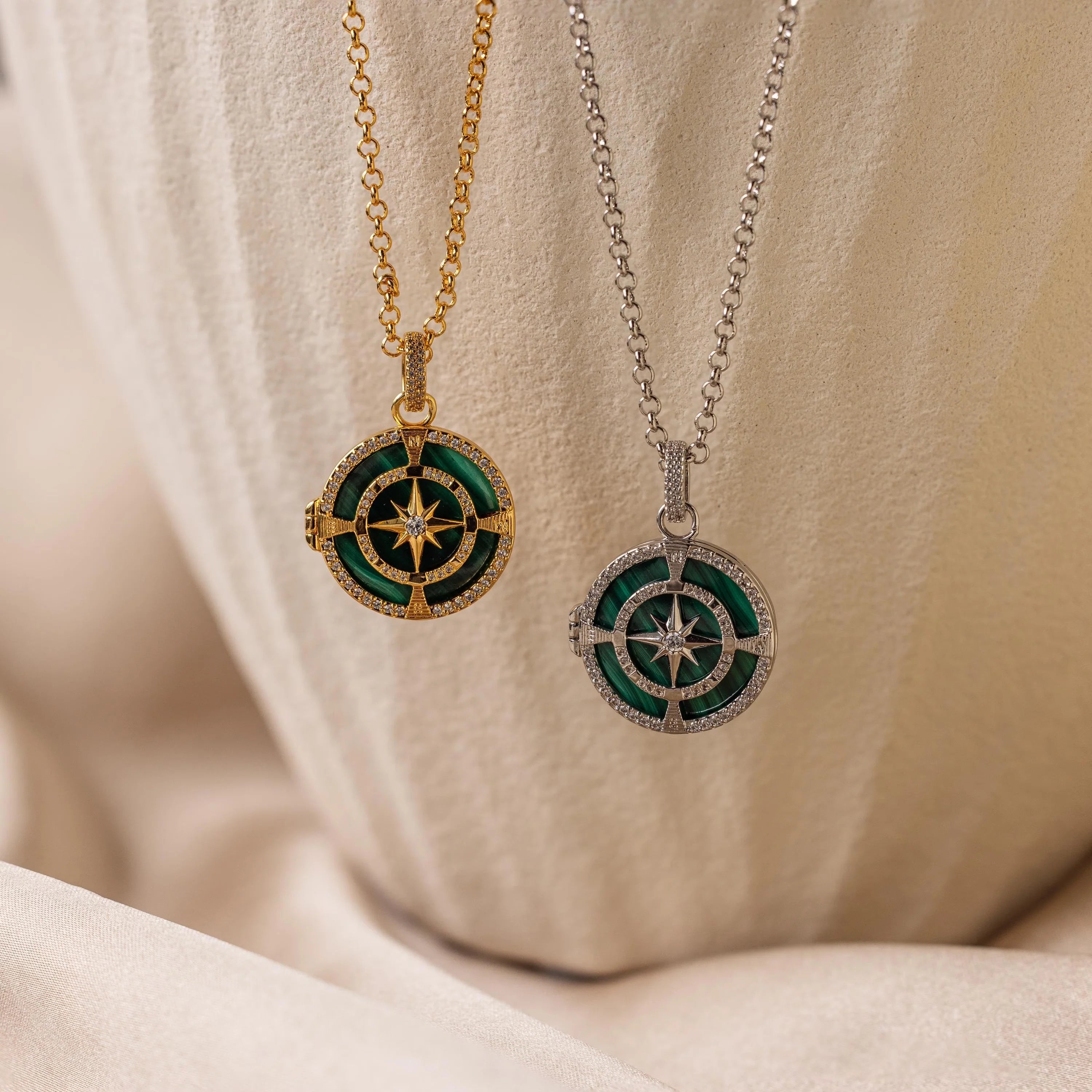 Malachite Compass Locket Necklace Silver 18K Gold Plated