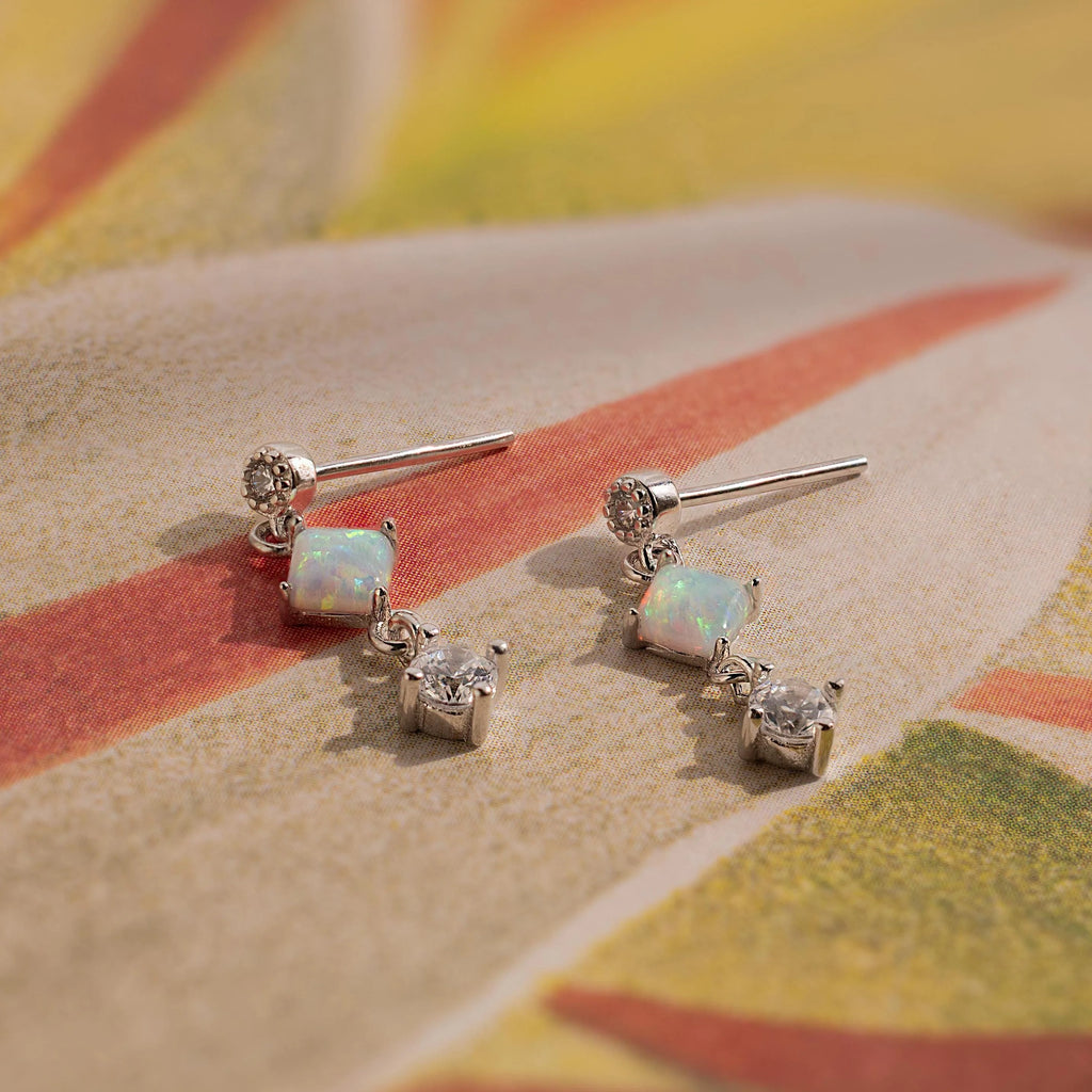 Opal & Diamond Drop Studs Silver 18K Gold Plated