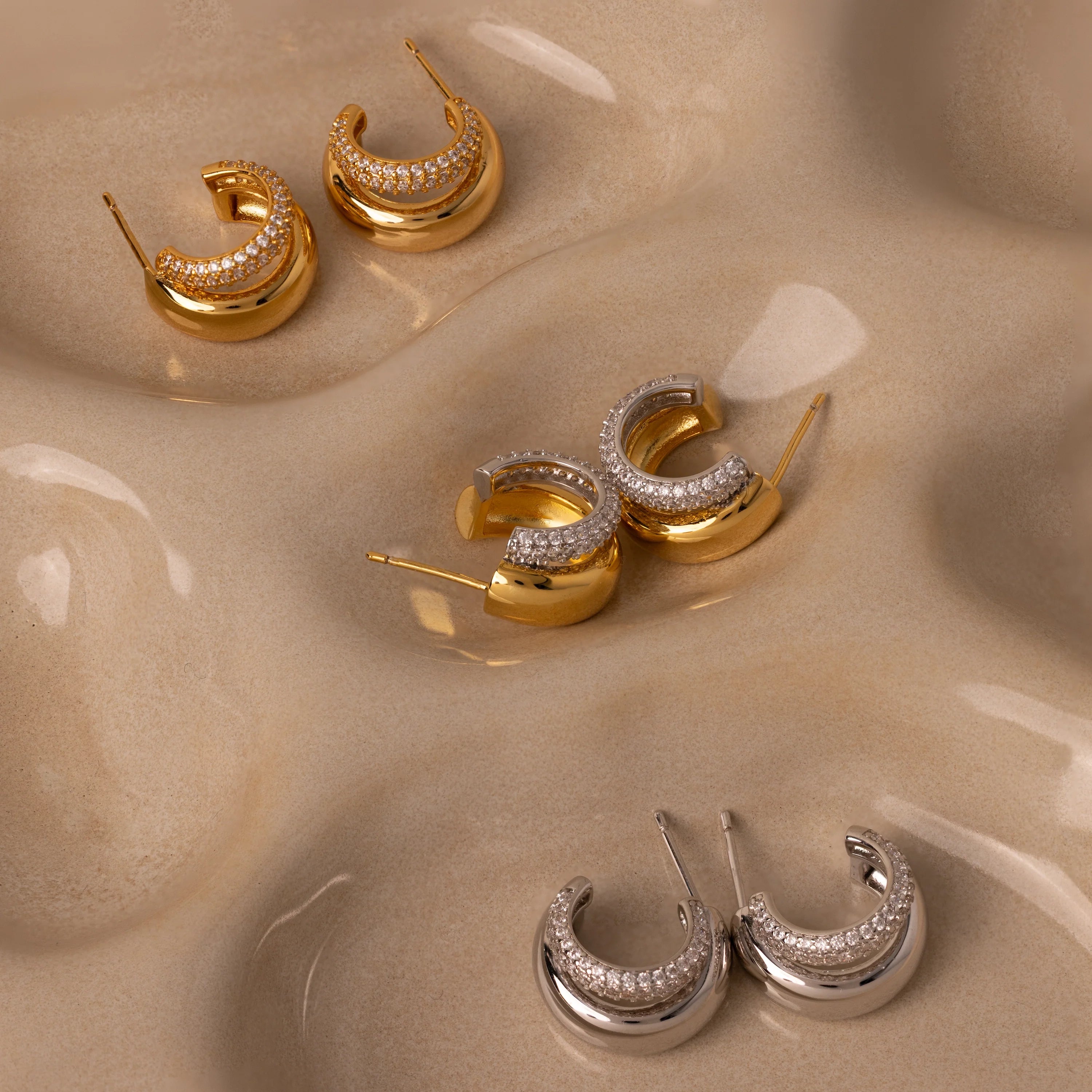 Duo Pave Dome Studs Silver 18K Gold Plated