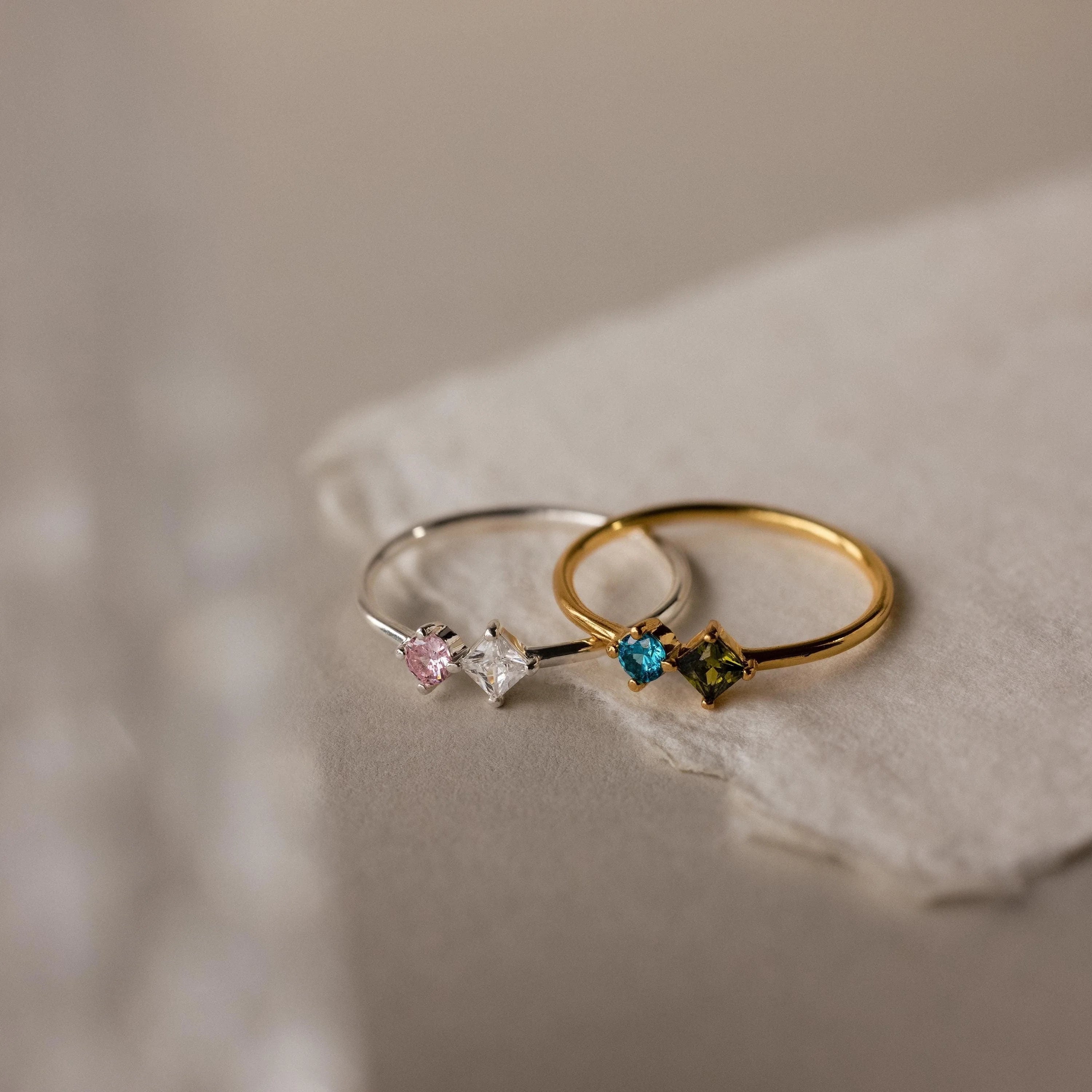Toi et Moi Princess Birthstone Ring Silver 18K Gold Plated