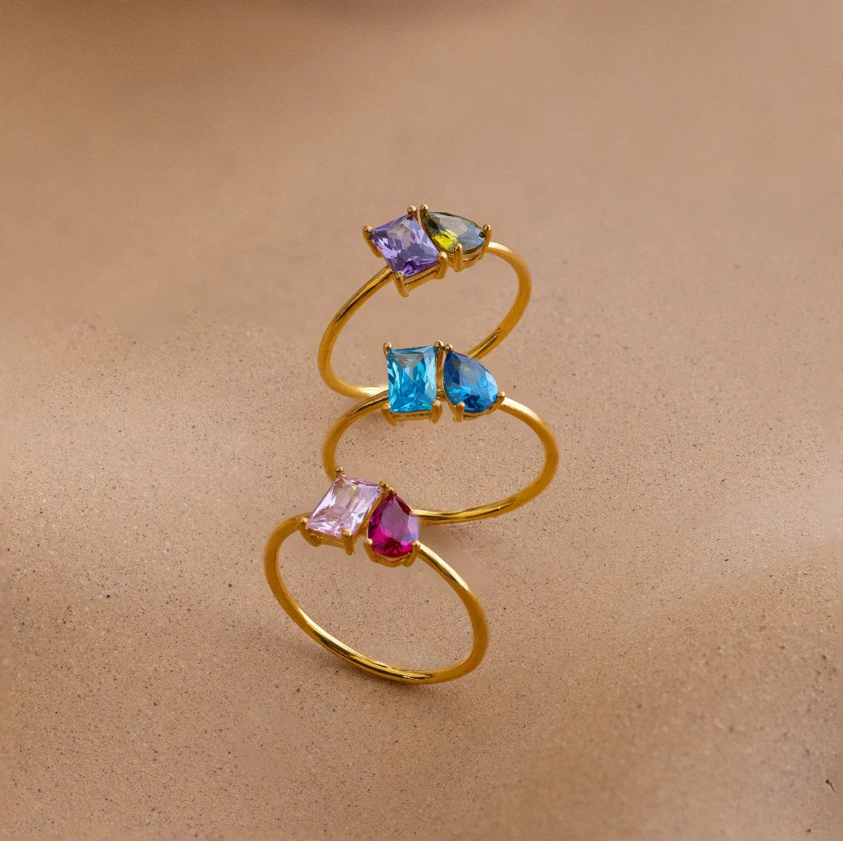 Toi et Moi  Pear-Emerald Cut Ring Silver 18K Gold Plated