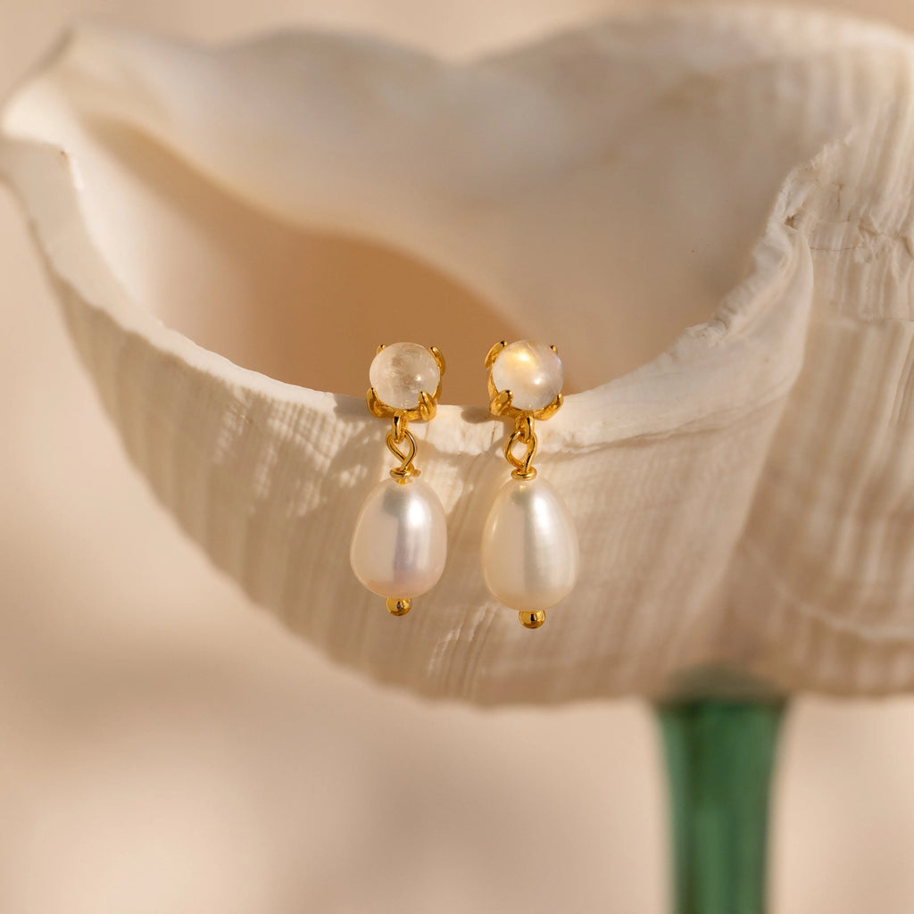 Moonstone Pearl Drop Earrings Silver 18K Gold Plated