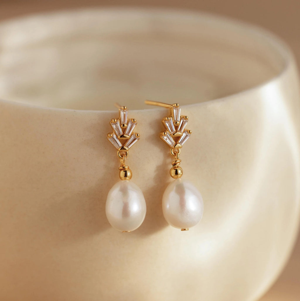 Pearl Diamond Drop Earrings Silver 18K Gold Plated