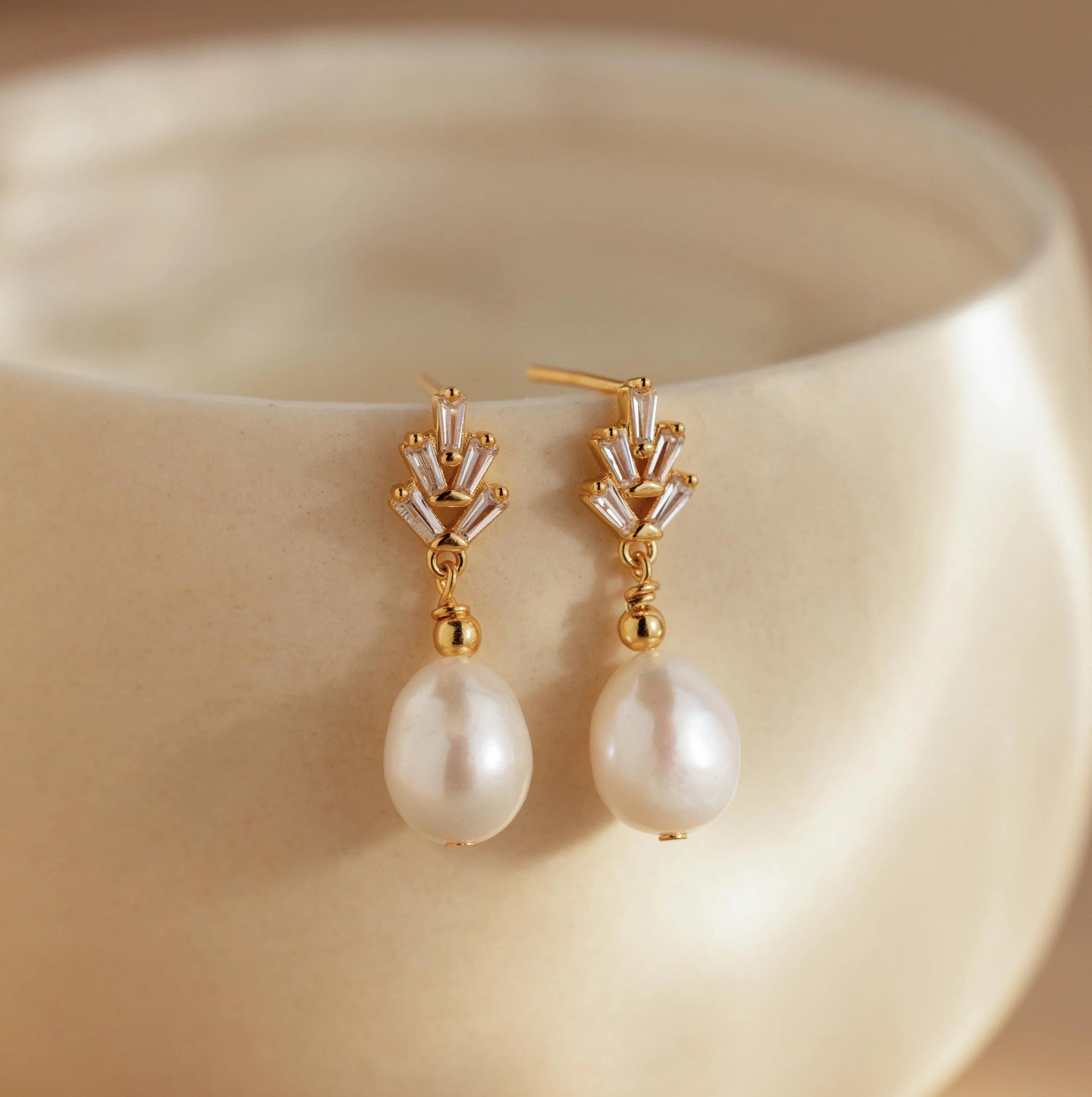 Pearl Diamond Drop Earrings Silver 18K Gold Plated