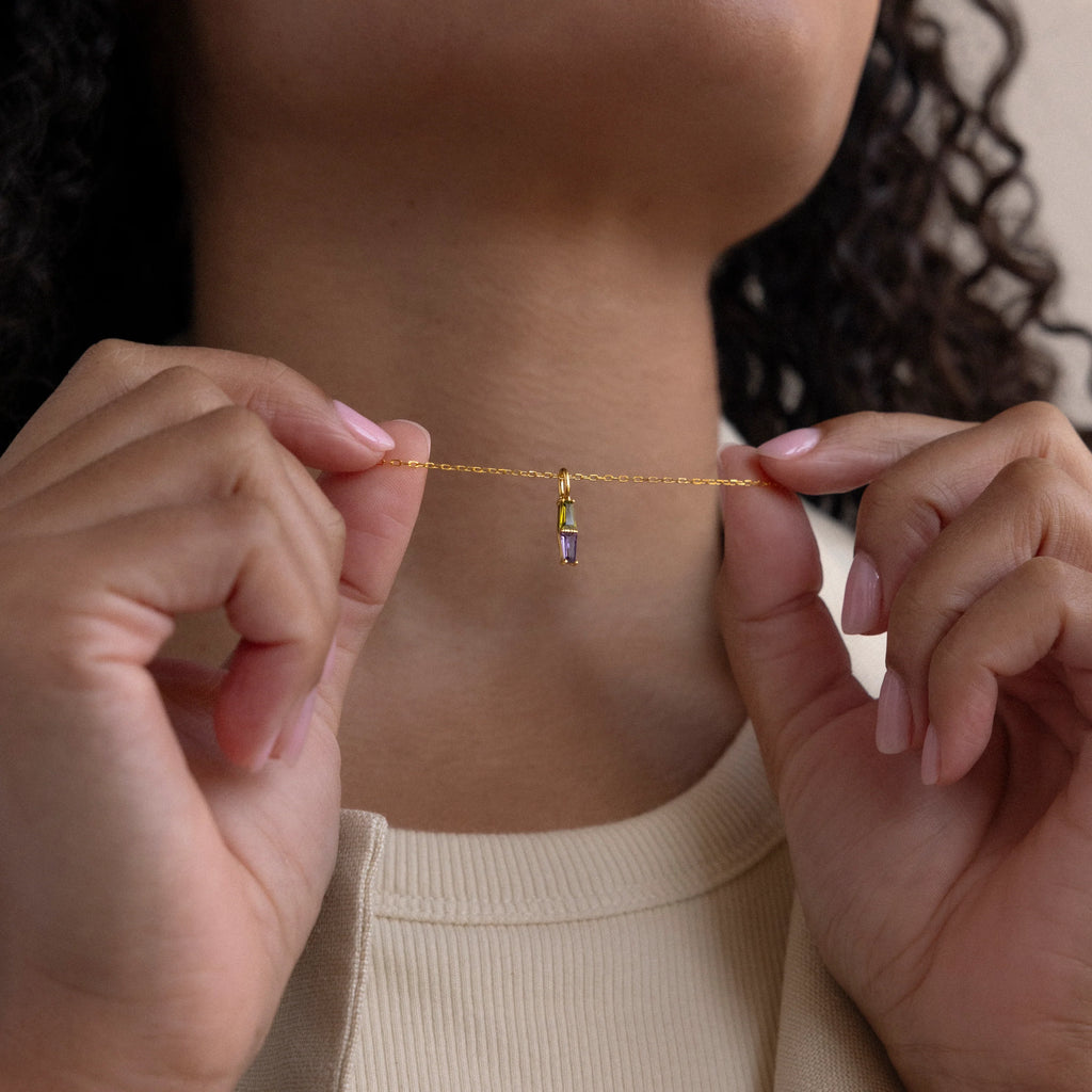 Toi et Moi Tapered  Baguette Birthstone Necklace Silver 18K Gold Plated