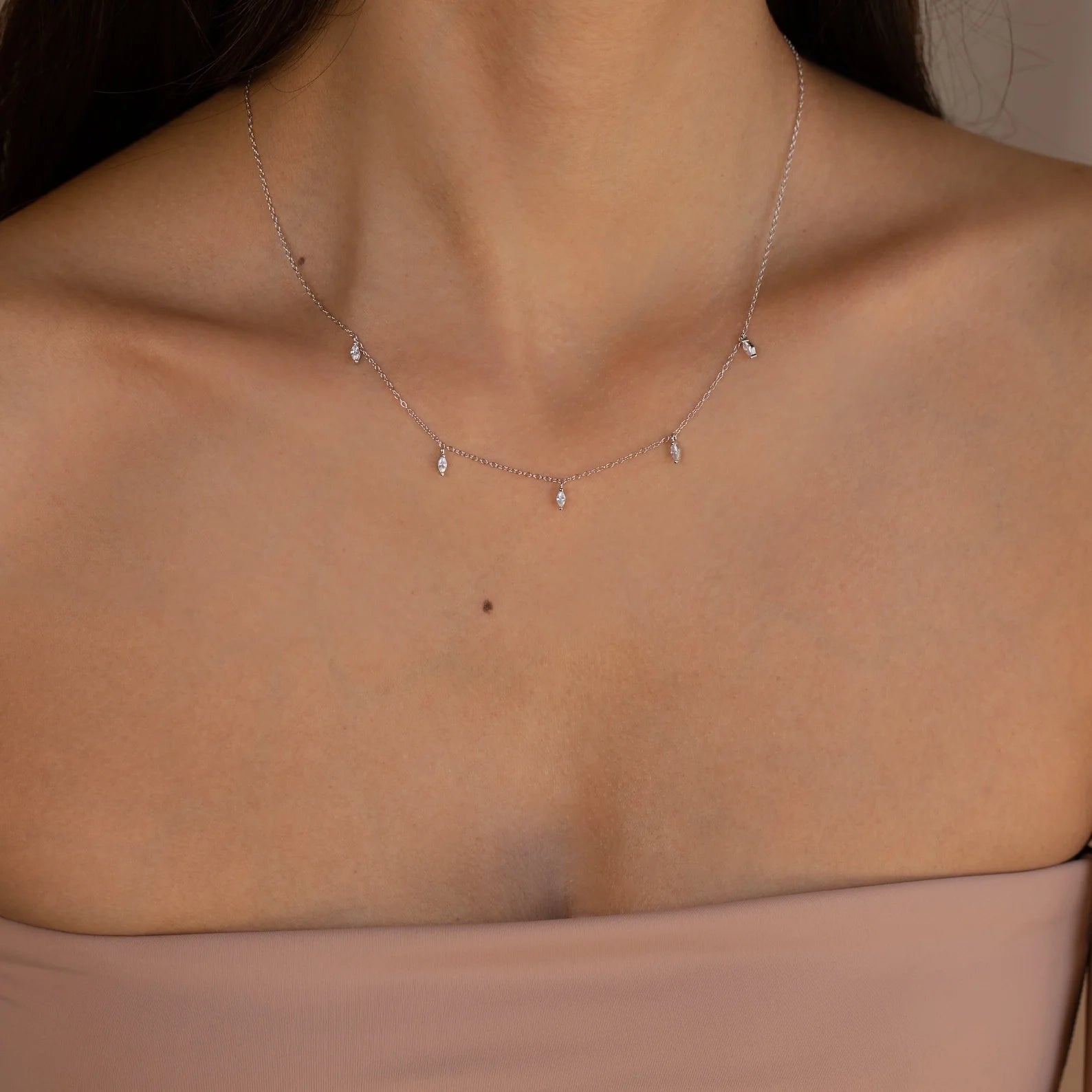 Marquise Station Necklace Silver 18K Gold Plated