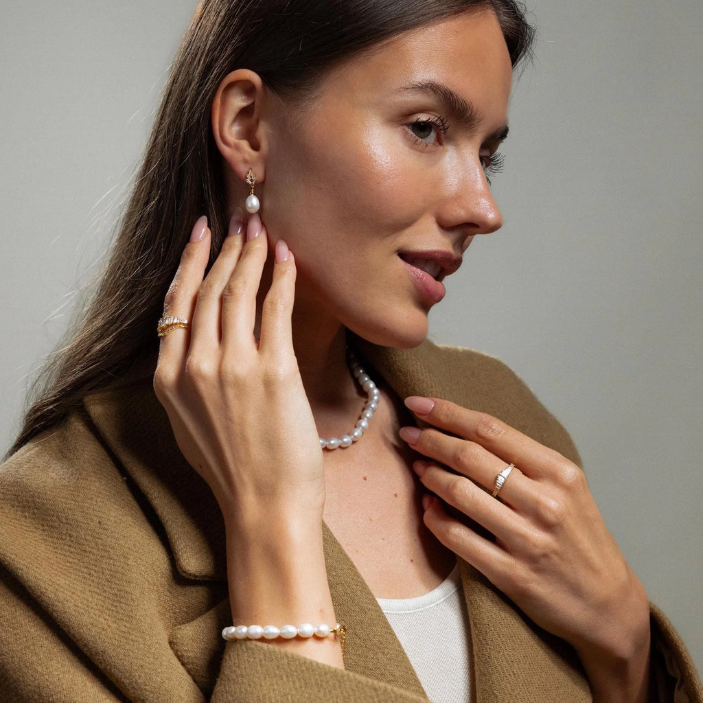 Pearl Diamond Drop Earrings Silver 18K Gold Plated