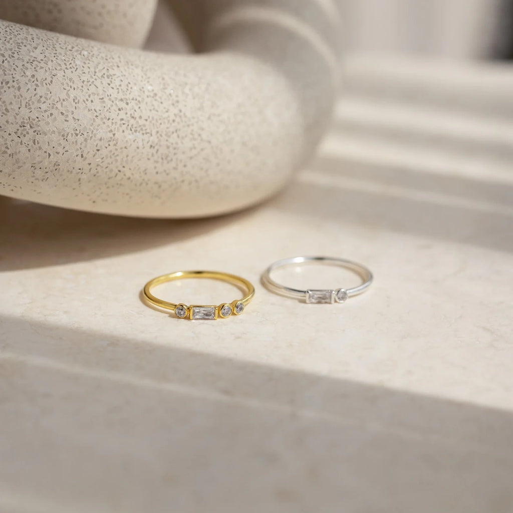 Initial Diamond Baguette Ring Silver 18K Gold Plated