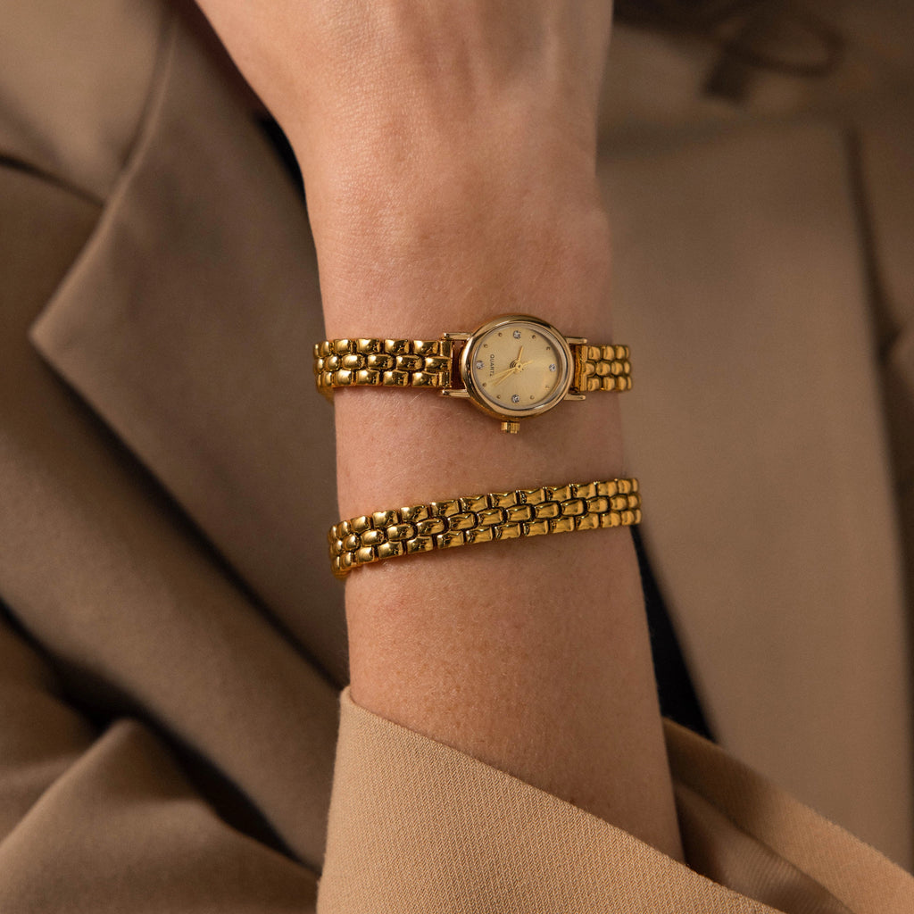 Oval  Face Timepiece Set Silver 18K Gold Plated