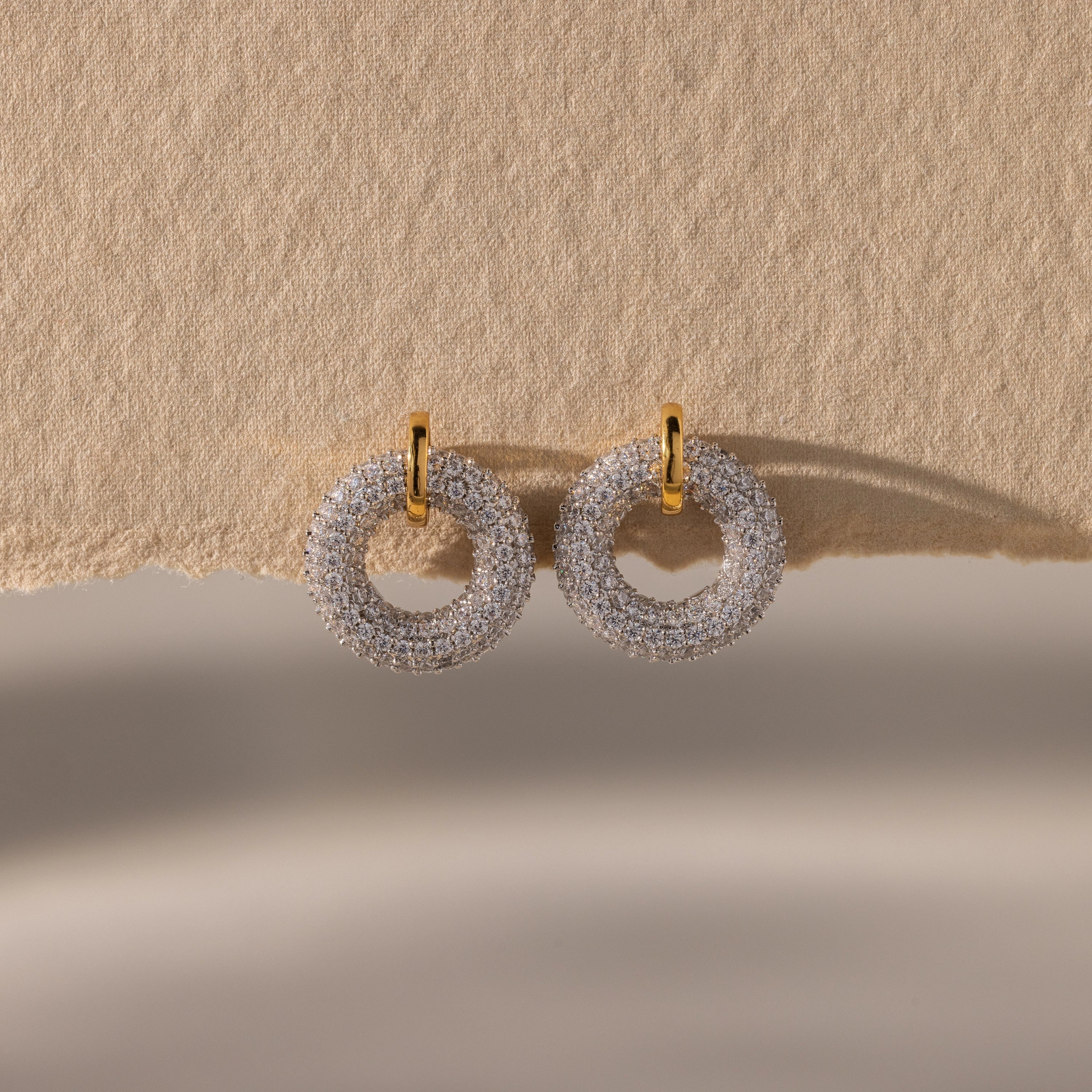 Mixed Metal Pave Circle Studs Silver 18K Gold Plated
