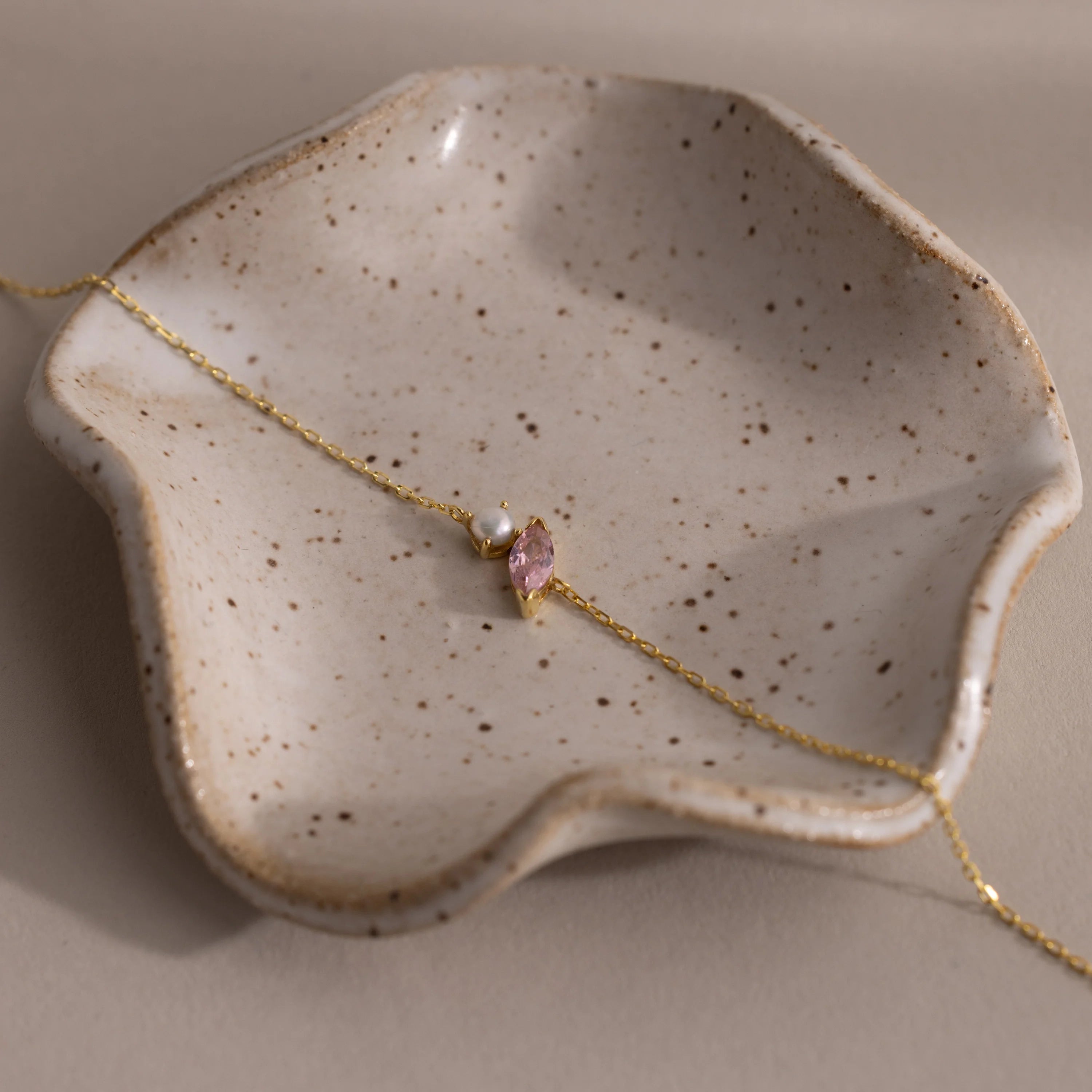 Marquise Pink Tourmaline & Pearl Bracelet Silver 18K Gold Plated