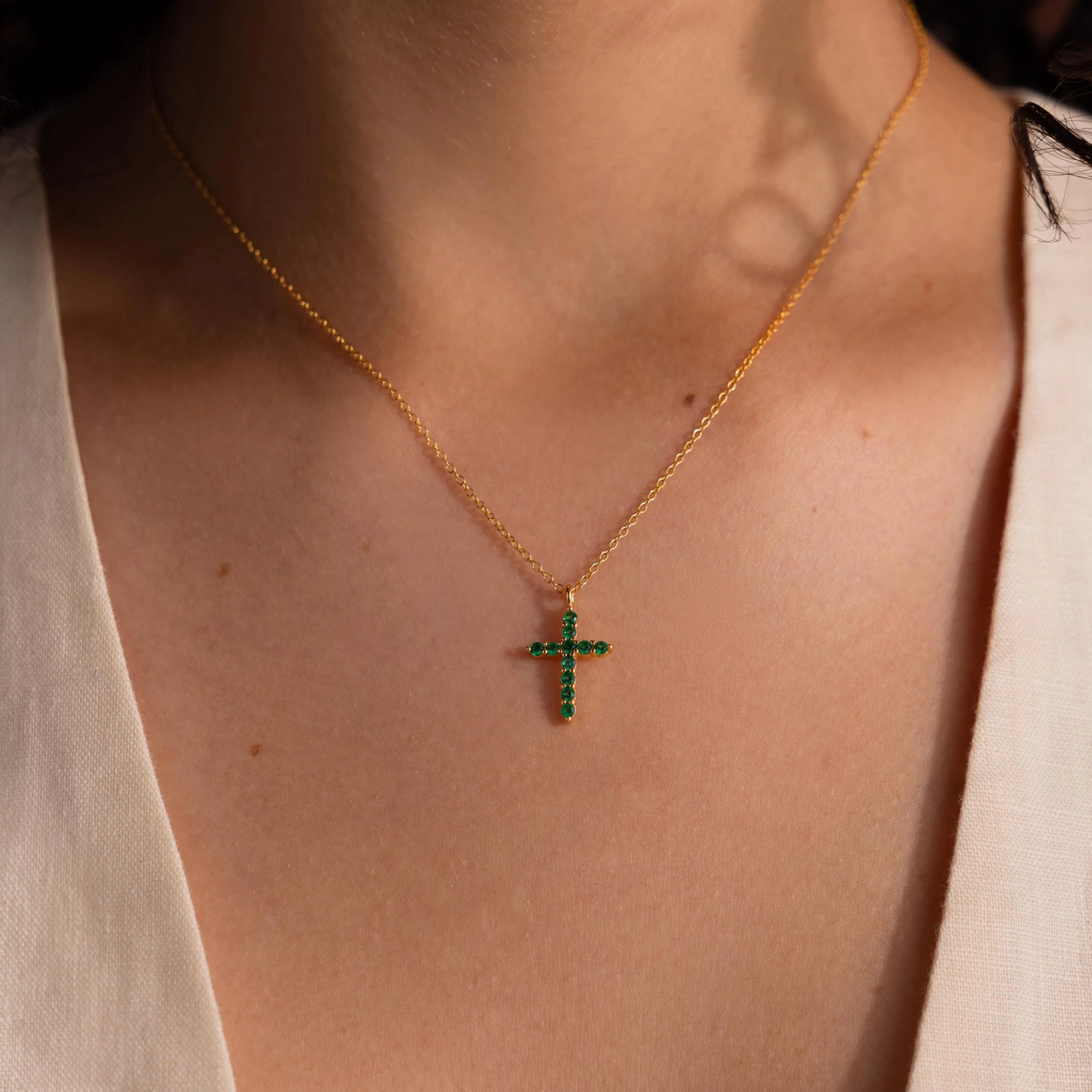 Pave Emerald Cross Necklace Silver 18K Gold Plated