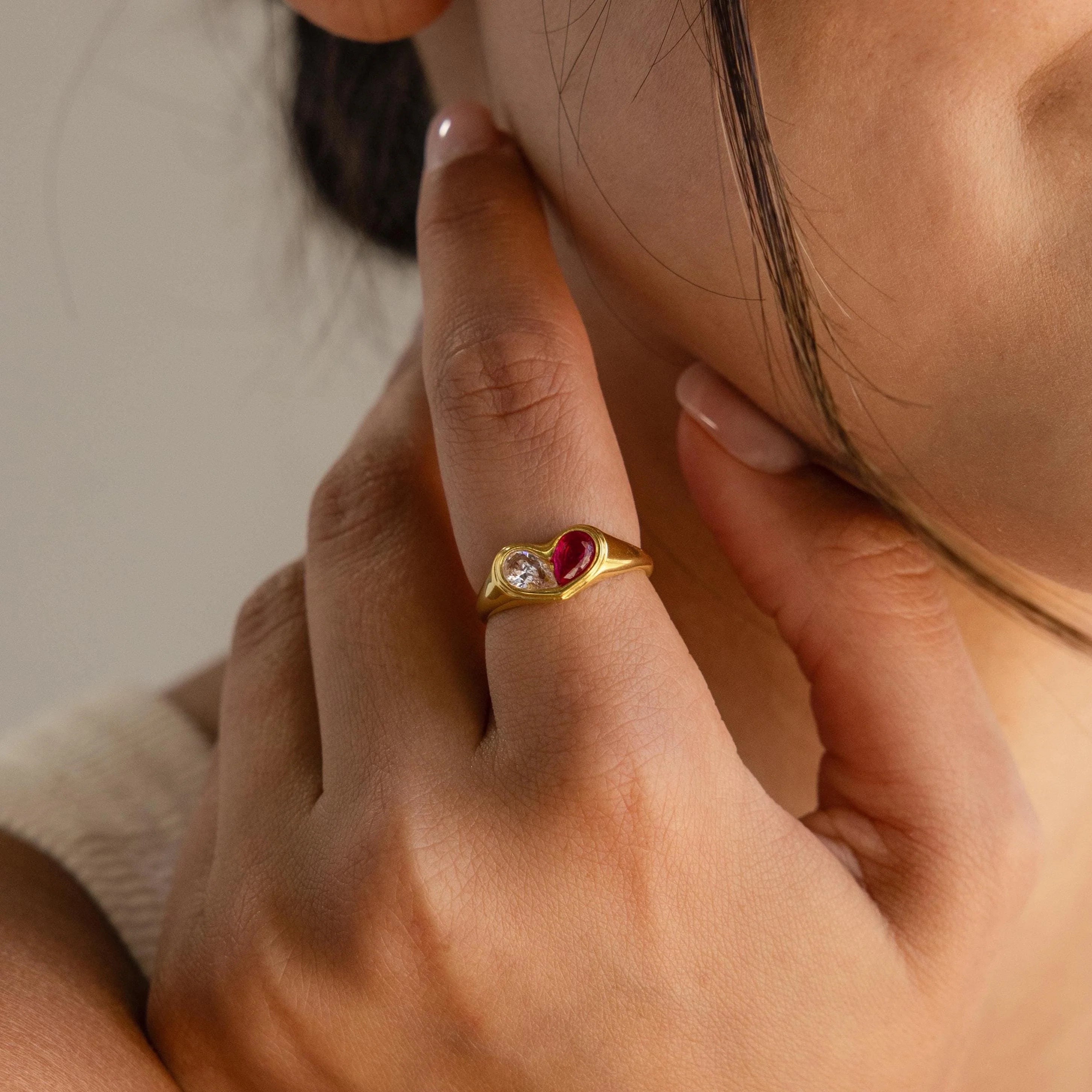 Duo Birthstone Heart Signet Ring Silver 18K Gold Plated