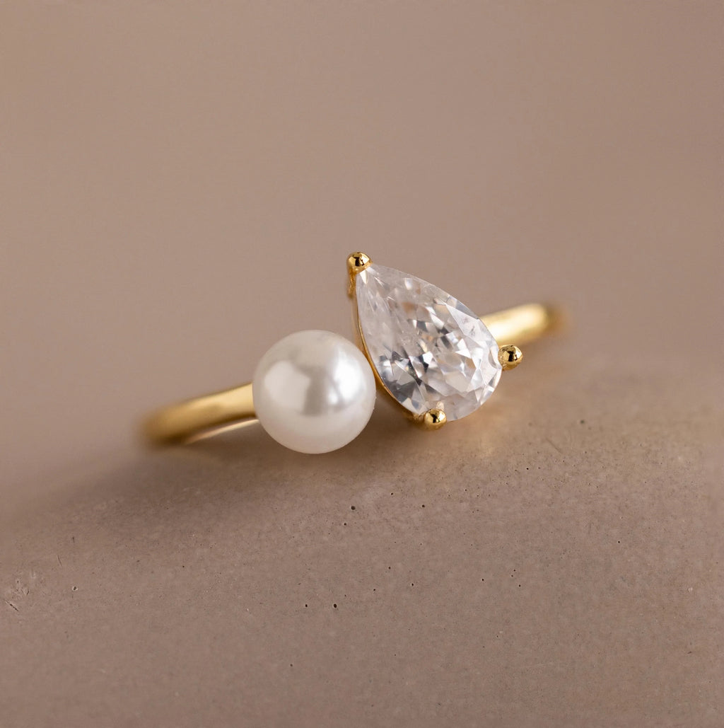Pearl Diamond Ring Silver 18K Gold Plated