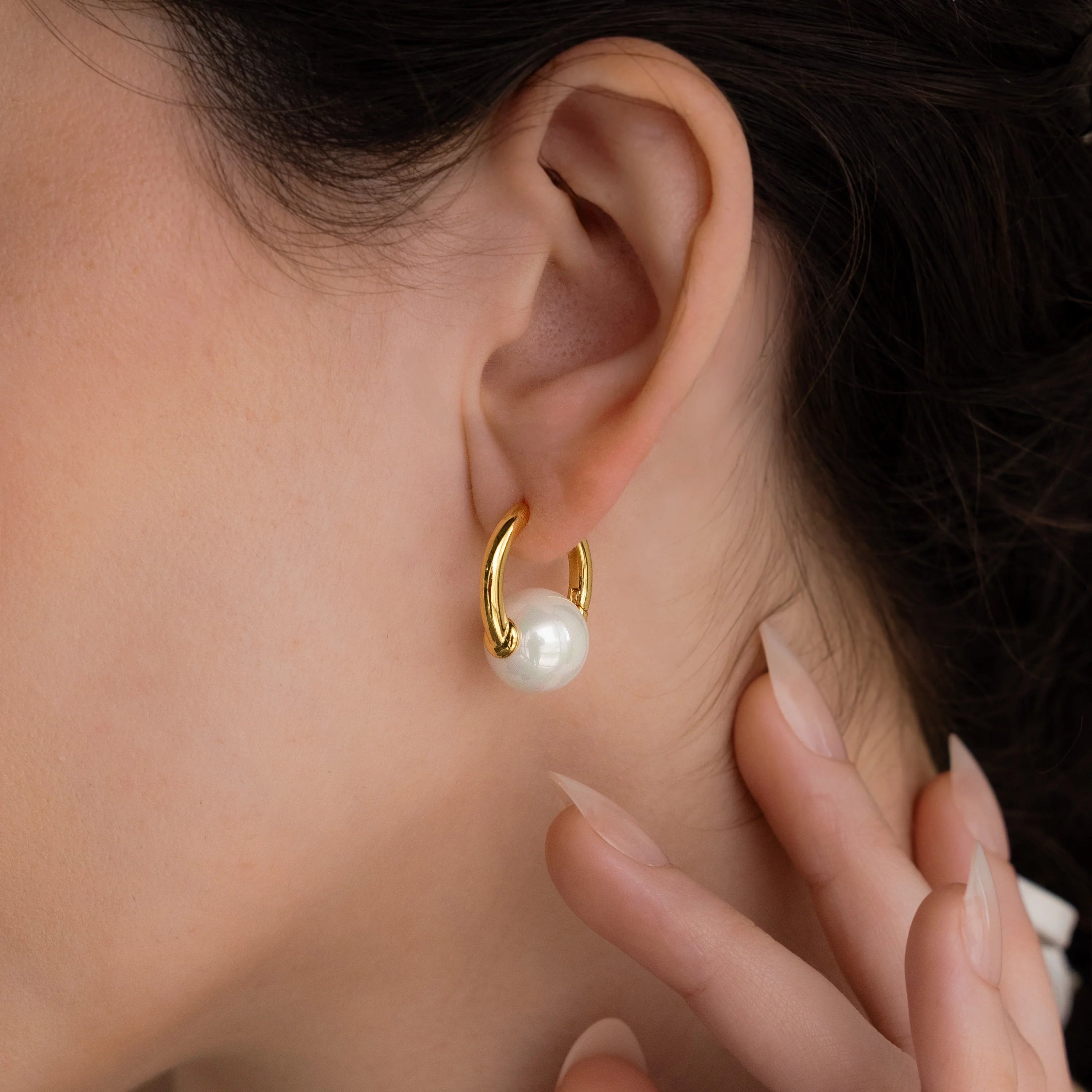 Round Pearl Hoops Silver 18K Gold Plated
