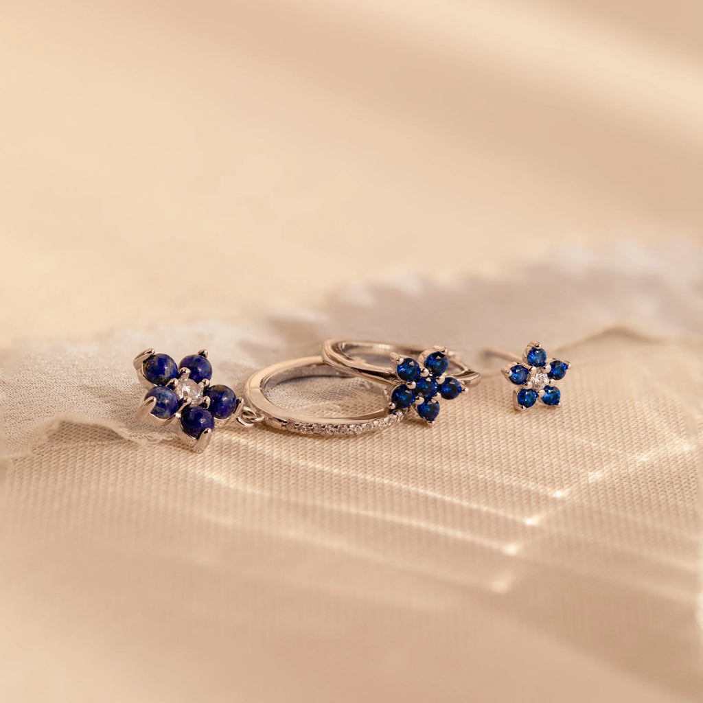 Sapphire Flower Earrings Set  Silver 18K Gold Plated