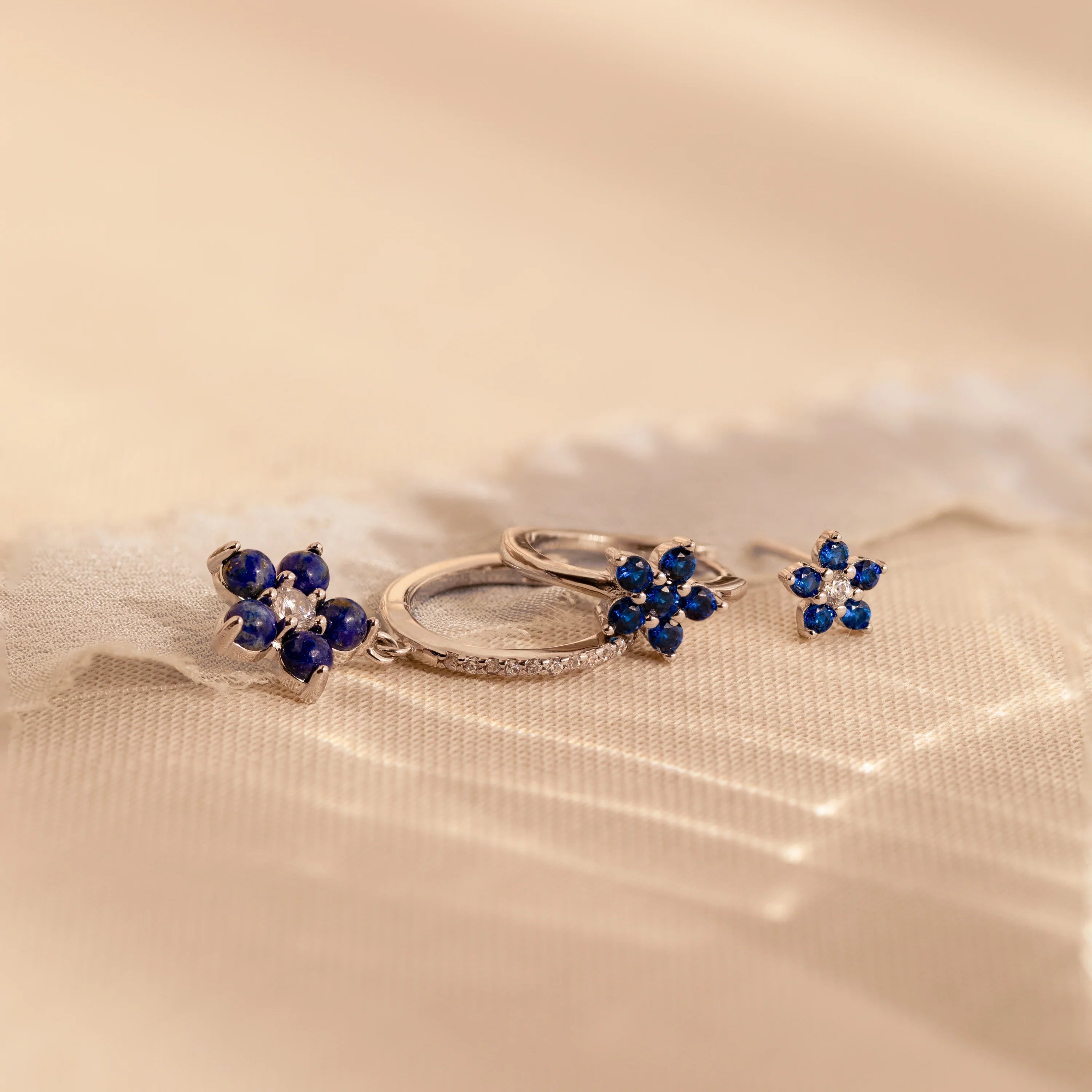 Sapphire Flower Earrings Set  Silver 18K Gold Plated