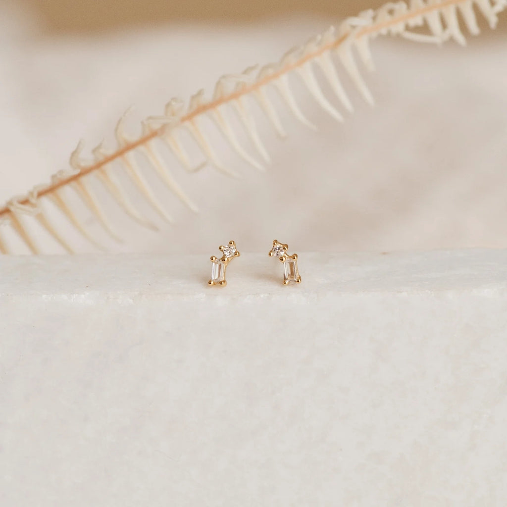 Round & Baguette Diamond Drop Studs Silver 18K Gold Plated
