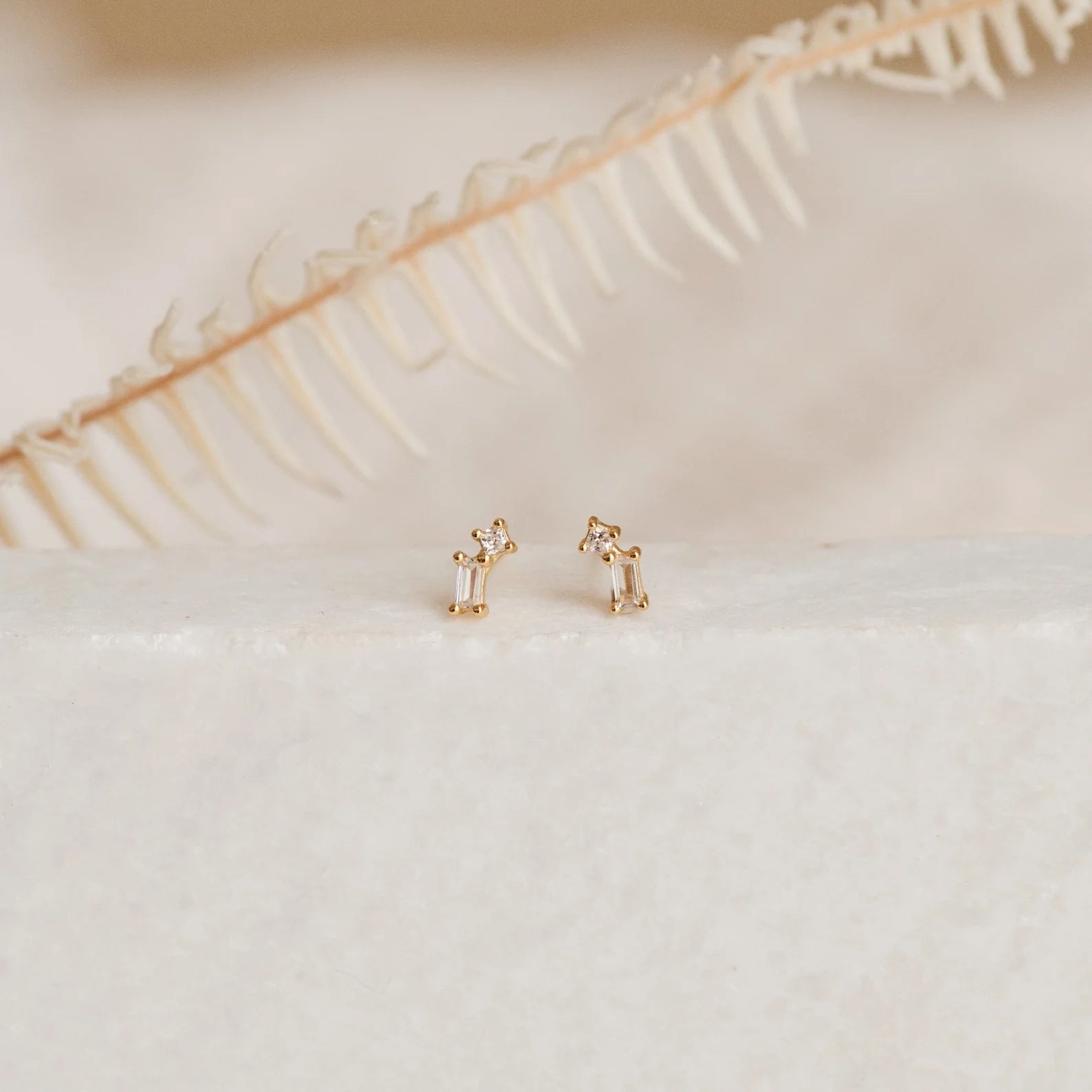 Round & Baguette Diamond Drop Studs Silver 18K Gold Plated