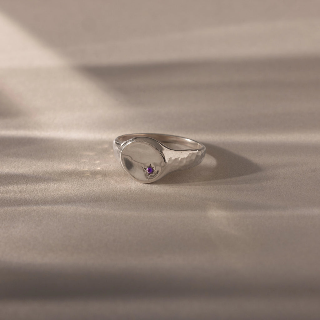 North Star Amethyst Signet Ring Silver 18K Gold Plated
