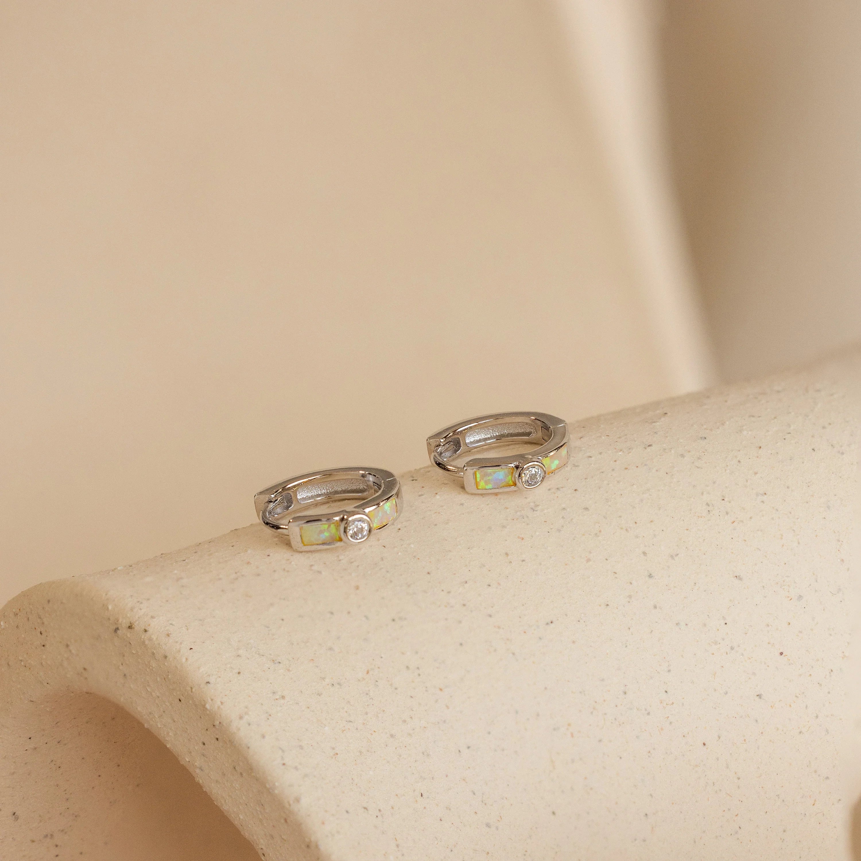 Opal Inlay Diamond Huggies Silver 18K Gold Plated