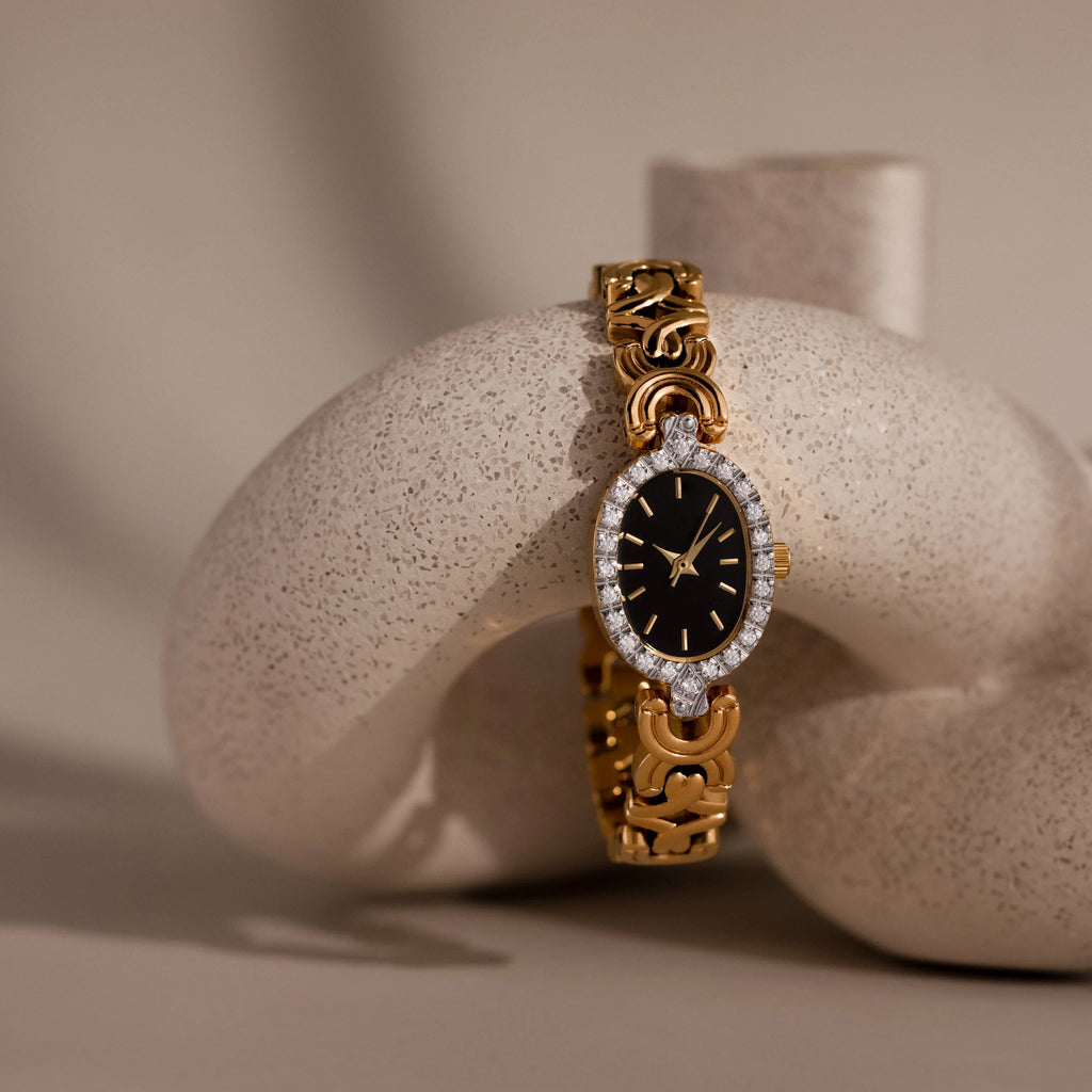Diamond Pave Onyx Timepiece Silver 18K Gold Plated