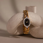 Diamond Pave Onyx Timepiece Silver 18K Gold Plated